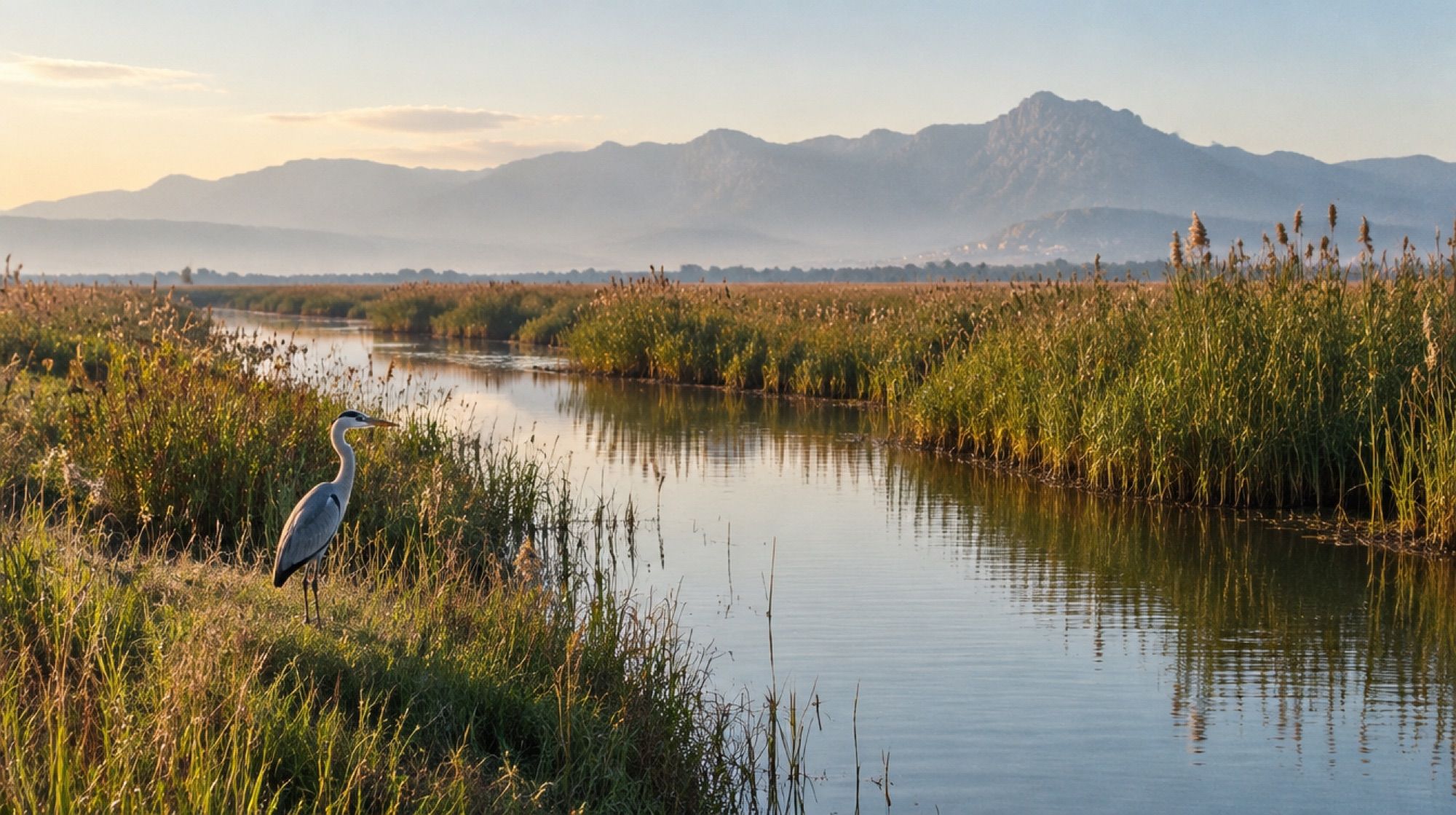 Kanal mit Schilf und Reiher im Naturpark s'Albufera bei Morgendunst