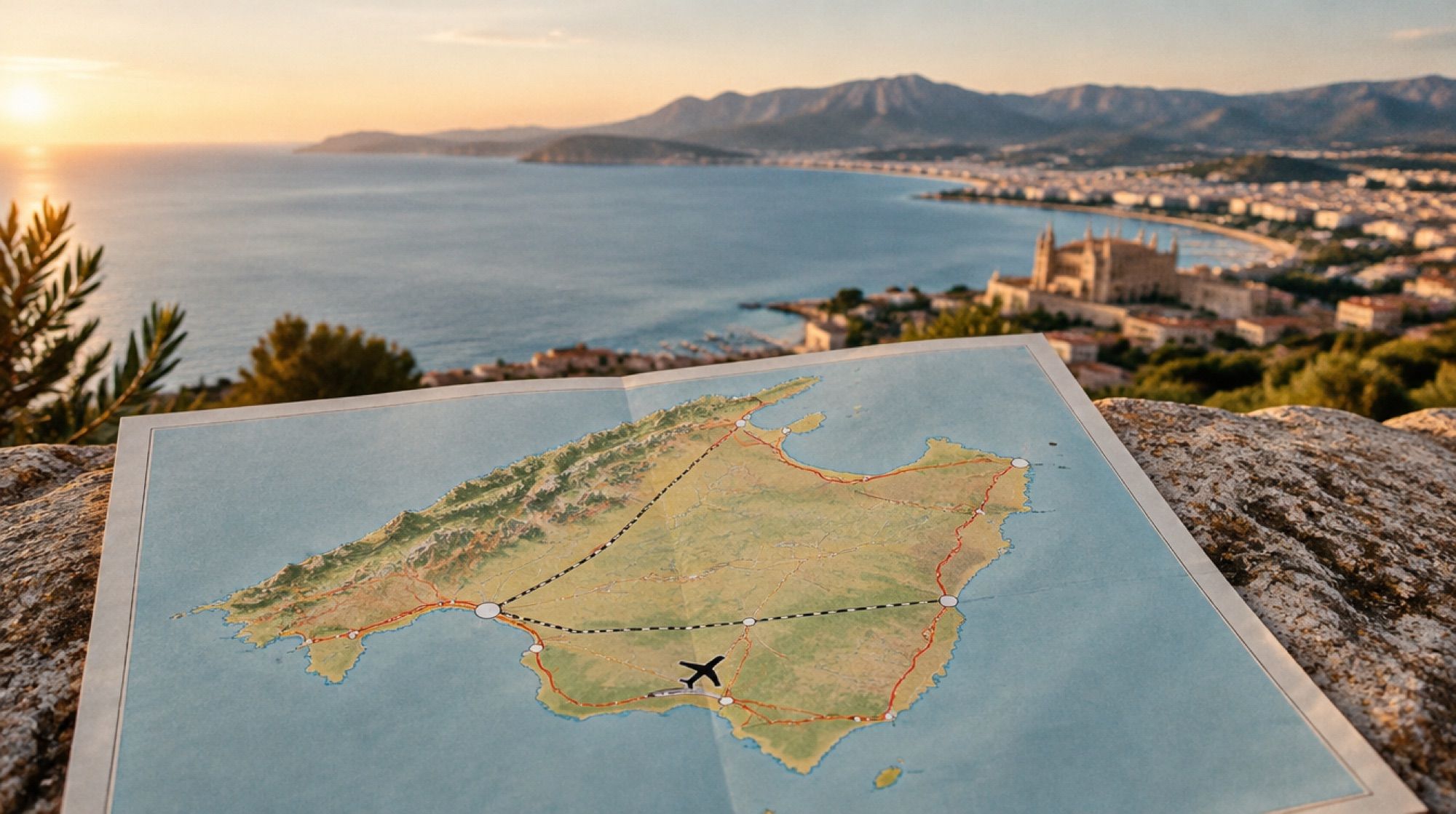 Illustrierte Verkehrskarte von Mallorca mit Flughafen und Bahnlinien