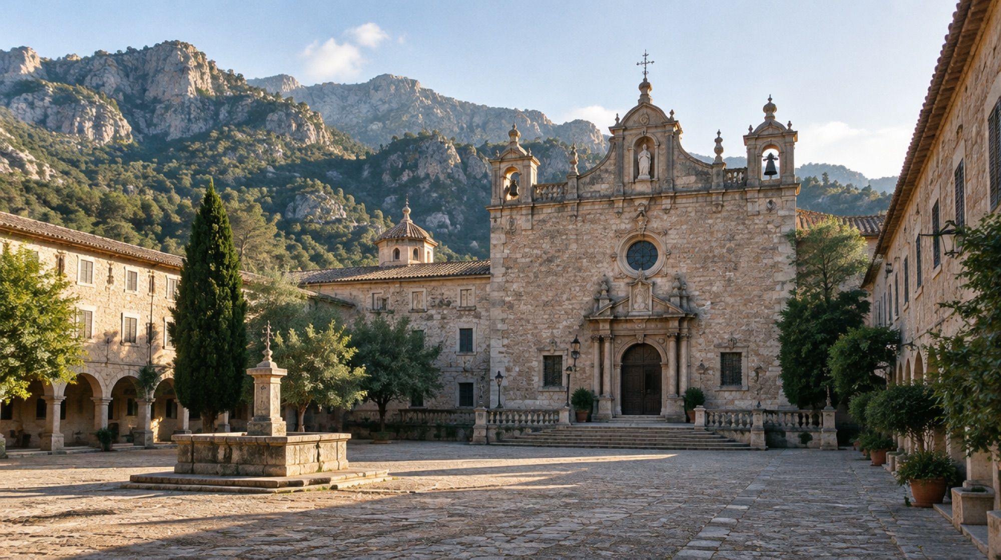 Innenhof des Klosters Lluc mit Basilika vor der Bergkulisse der Serra de Tramuntana