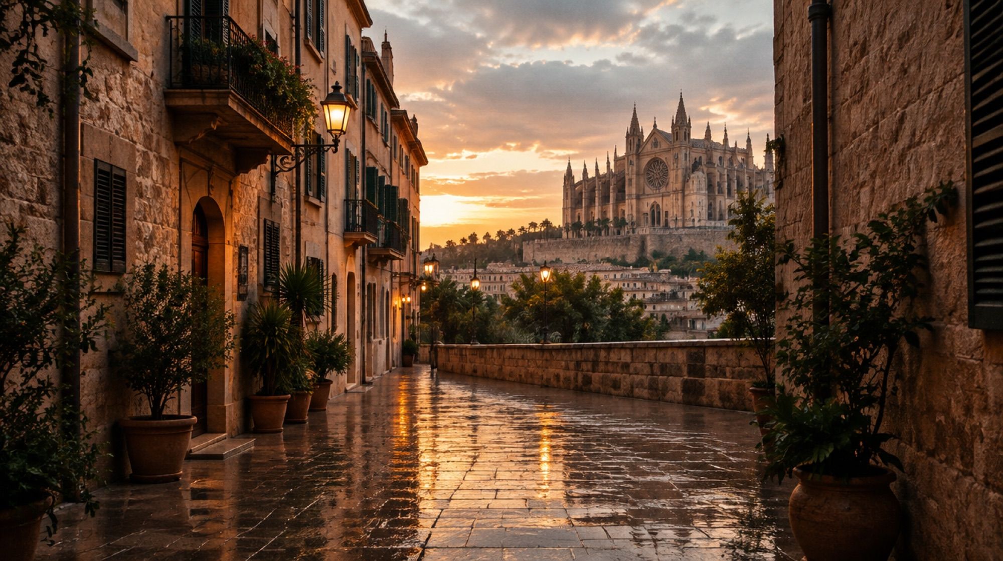 Regennasse Gasse in Palma mit Kathedrale im Hintergrund