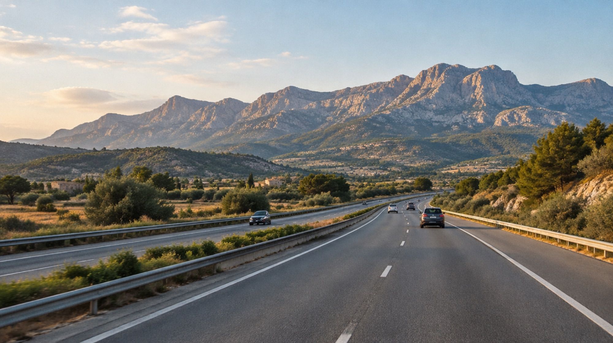 Autobahn Ma-13 auf Mallorca mit Bergen der Tramuntana im Hintergrund