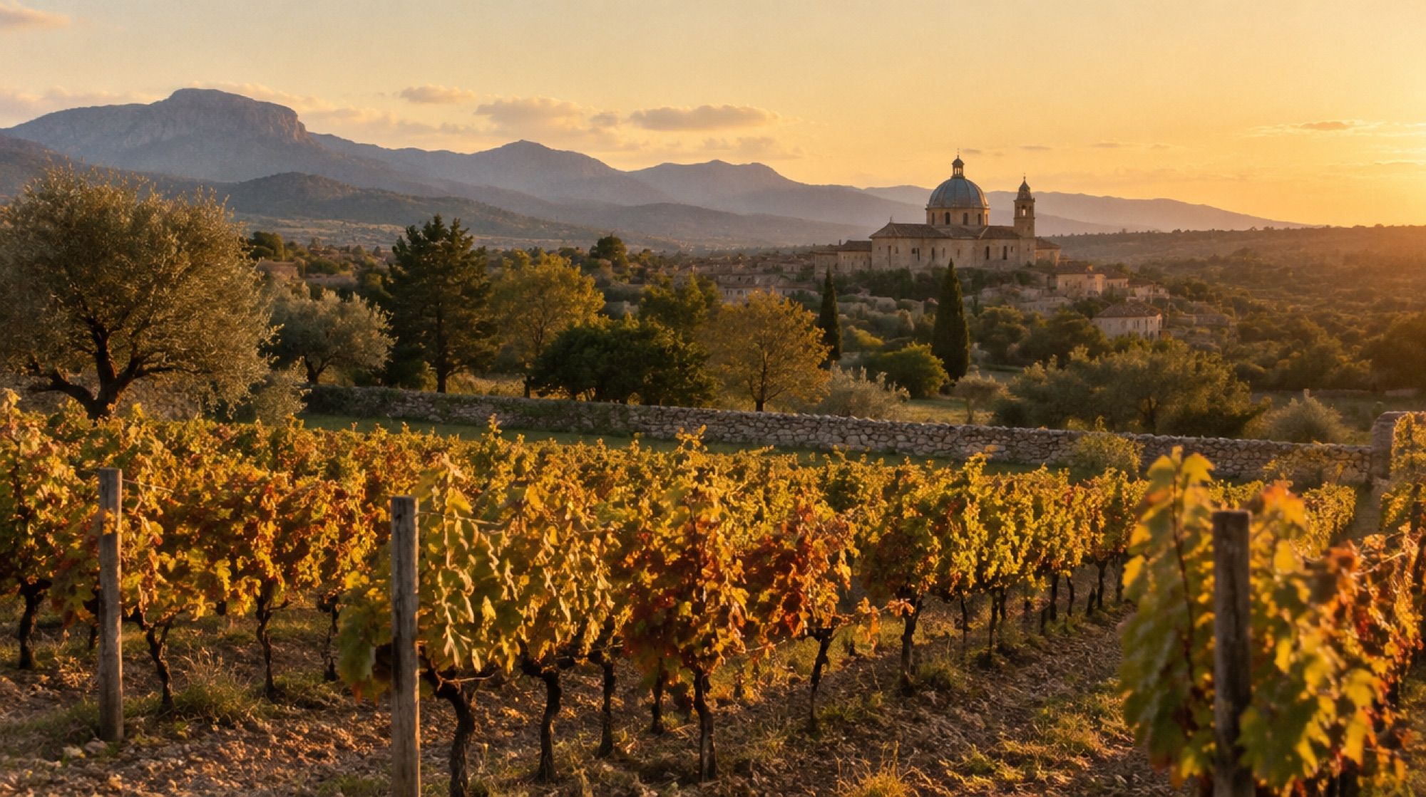 Herbstliche Weinberge bei Binissalem mit Kirchkuppel in der Ferne im Abendlicht