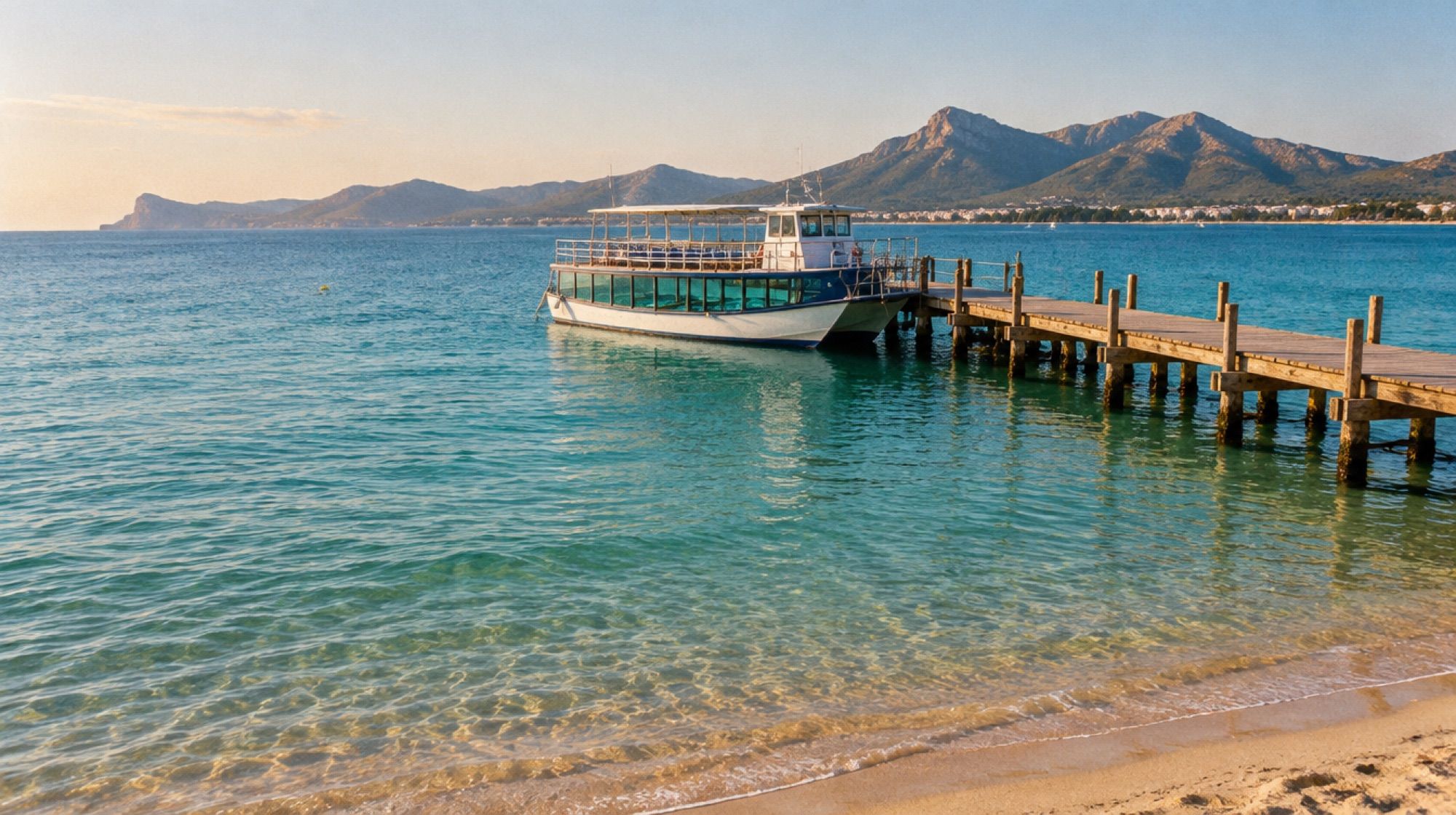Ausflugsboot am Holzsteg in der Bucht von Alcúdia