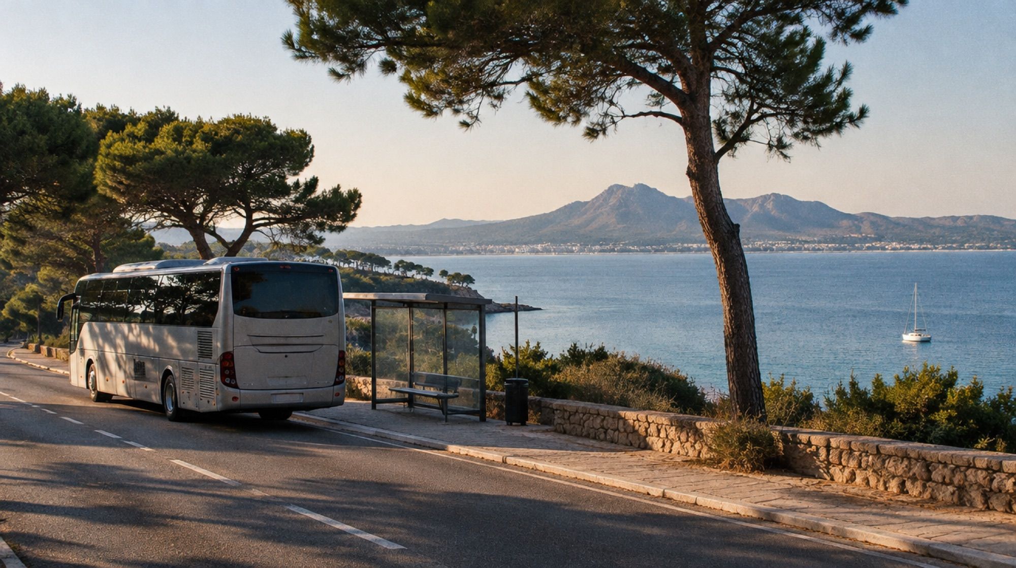 Überlandbus an einer Haltestelle in der Bucht von Alcúdia