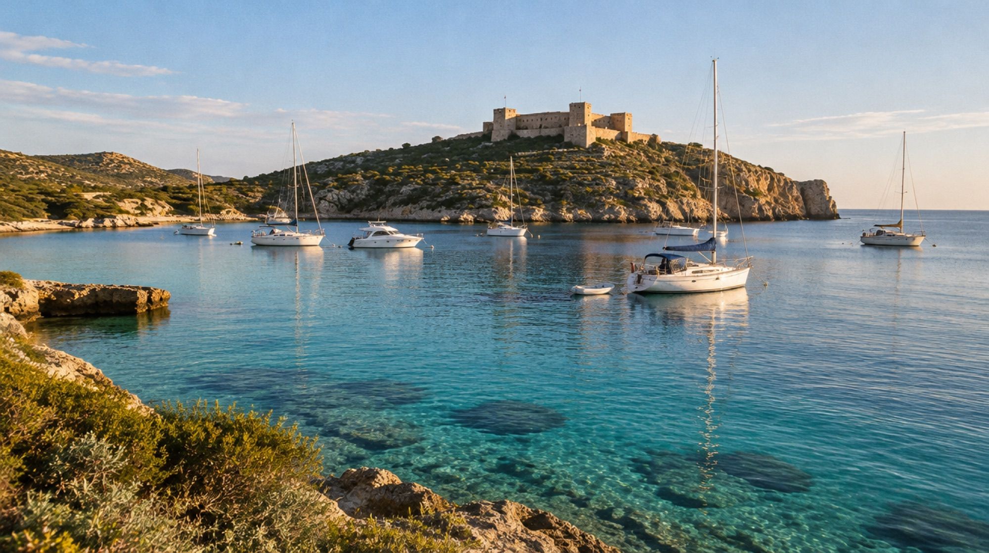 Hafenbucht der Insel Cabrera mit Burg auf dem Hügel und ankernden Booten