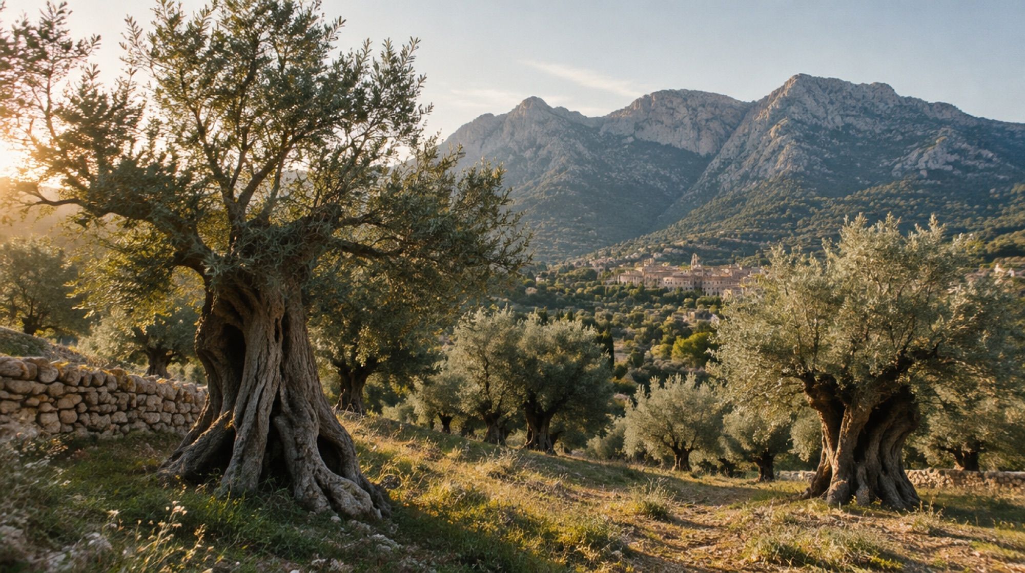 Alte knorrige Olivenbäume am Ortsrand von Caimari vor der Tramuntana im Morgenlicht