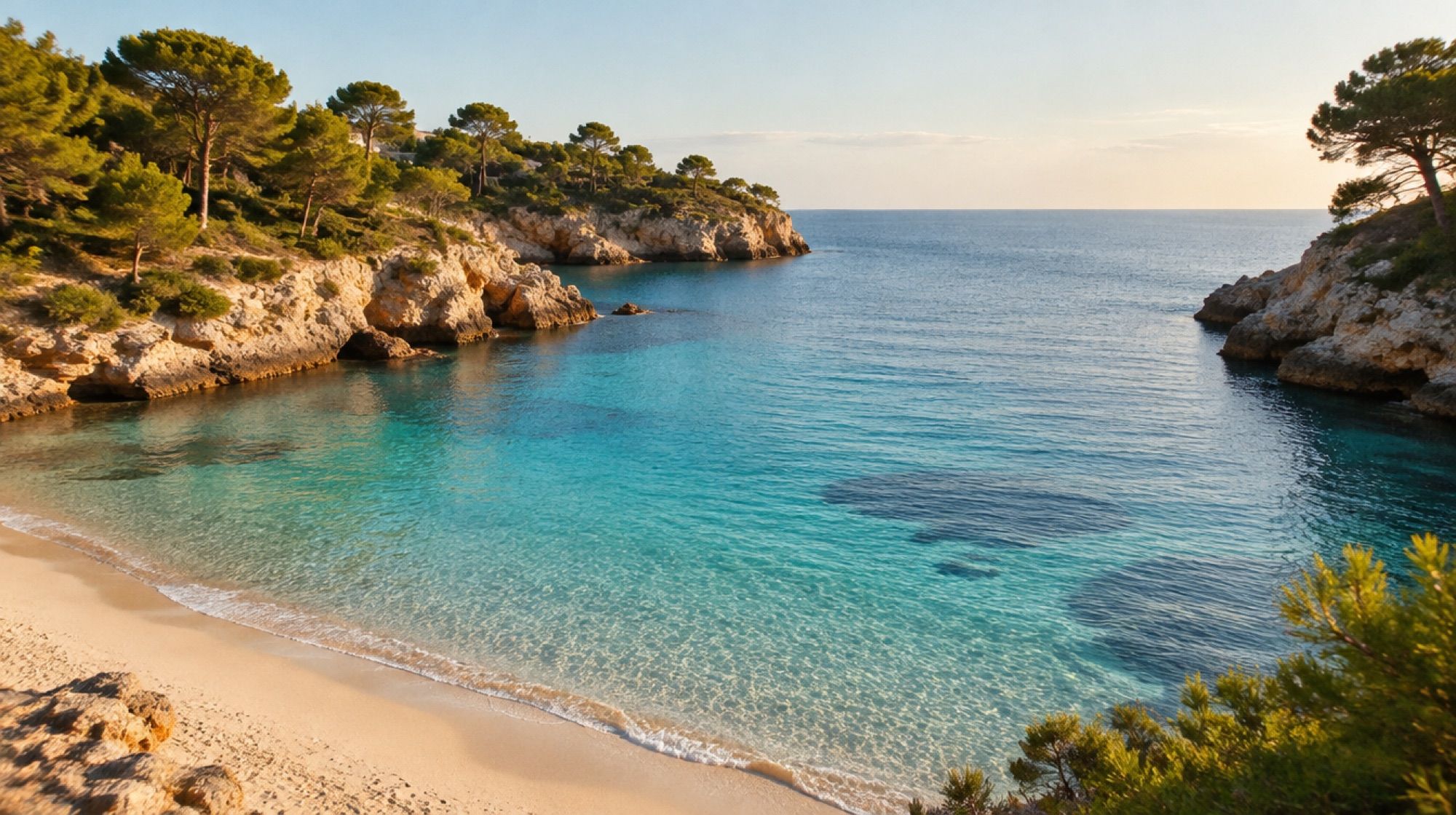 Sandbucht Cala Mendia südlich von Porto Cristo mit hellem Sand und türkisem Wasser