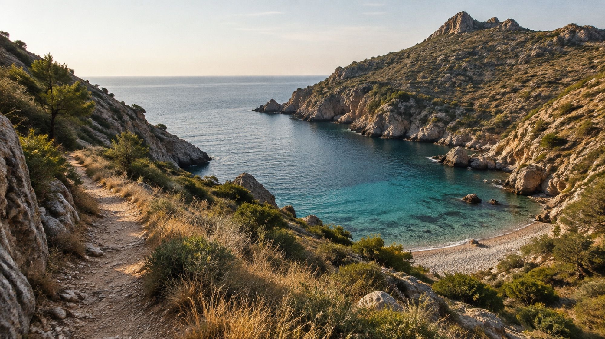 Schmaler Wanderweg durch das Boquer-Tal mit Blick auf die Kiesbucht Cala Boquer