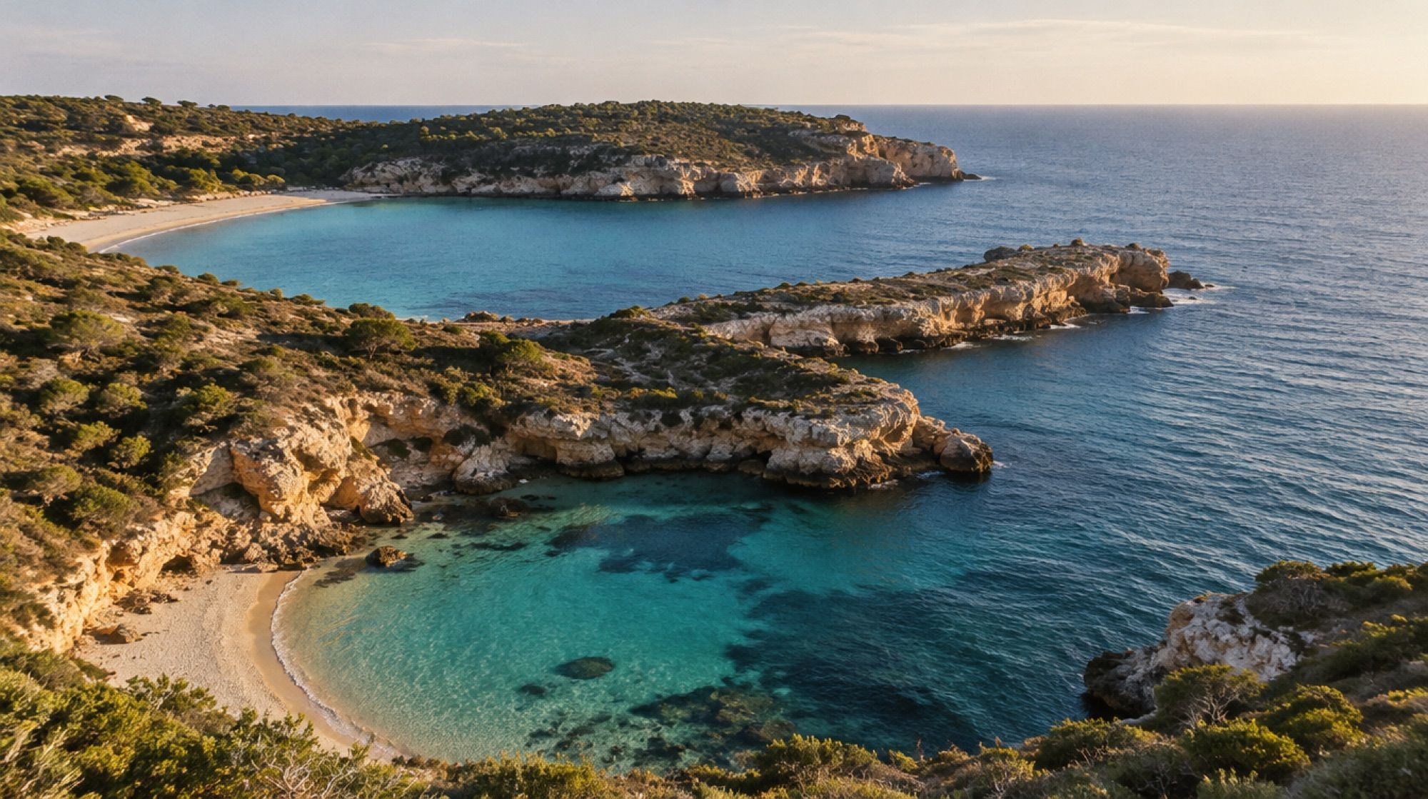 Doppelbucht Cala Domingos in Calas de Mallorca von oben am Vormittag