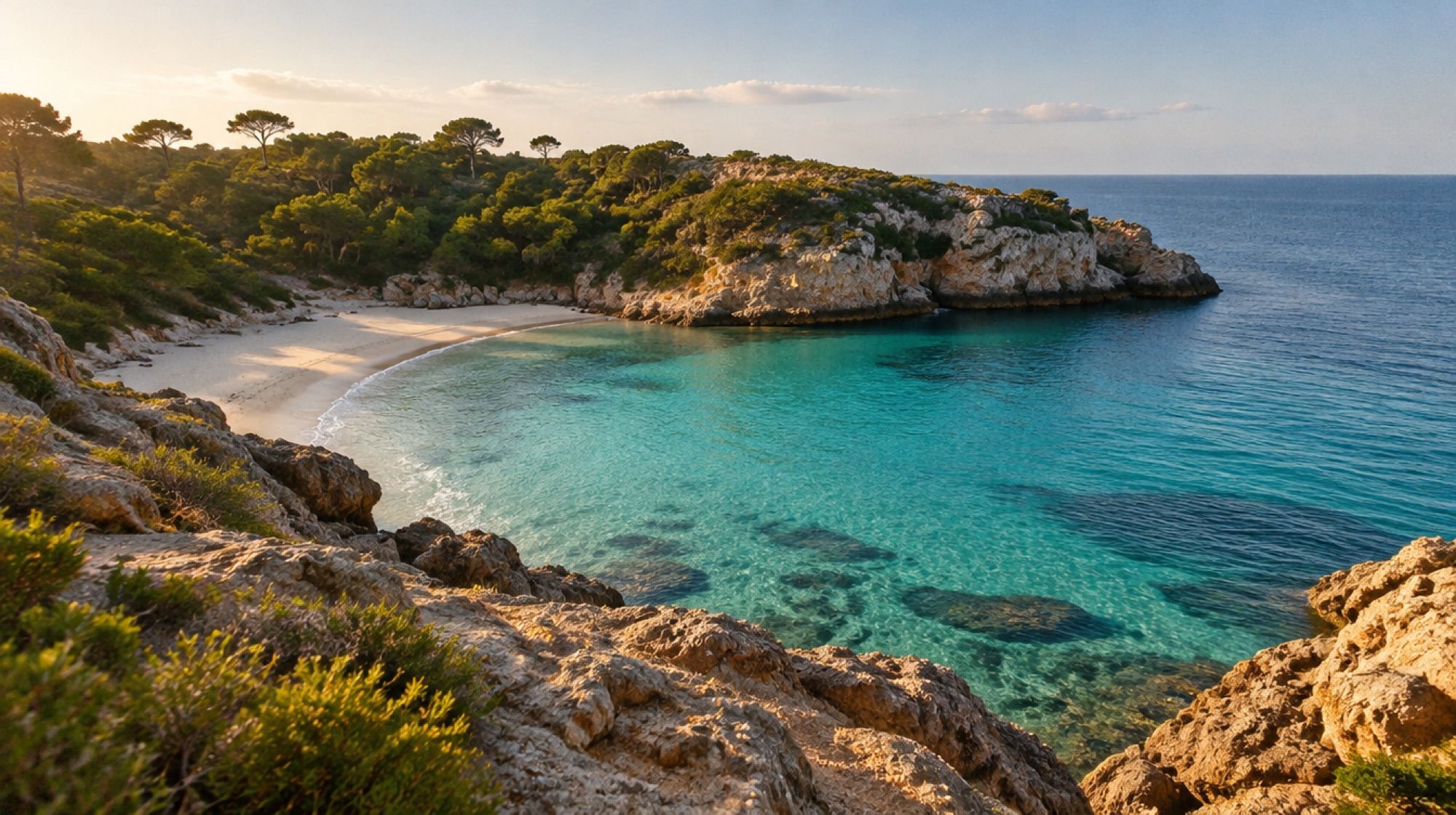 Geschützte Sandbucht S'Estany d'en Mas in Cala Romàntica mit türkisem Wasser