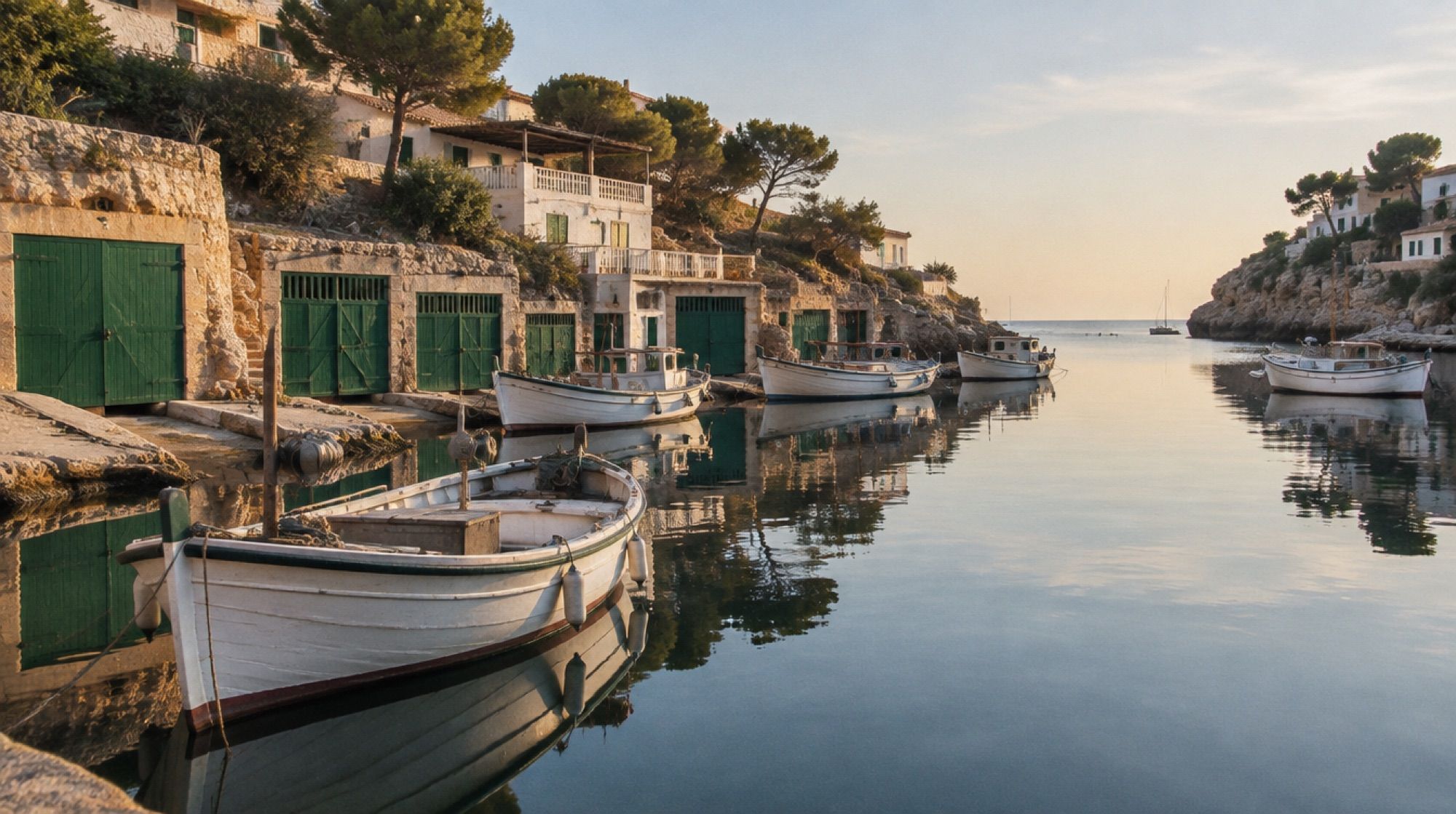 Fischerhafen Cala Figuera am frühen Morgen mit Bootshäusern und spiegelglattem Wasser