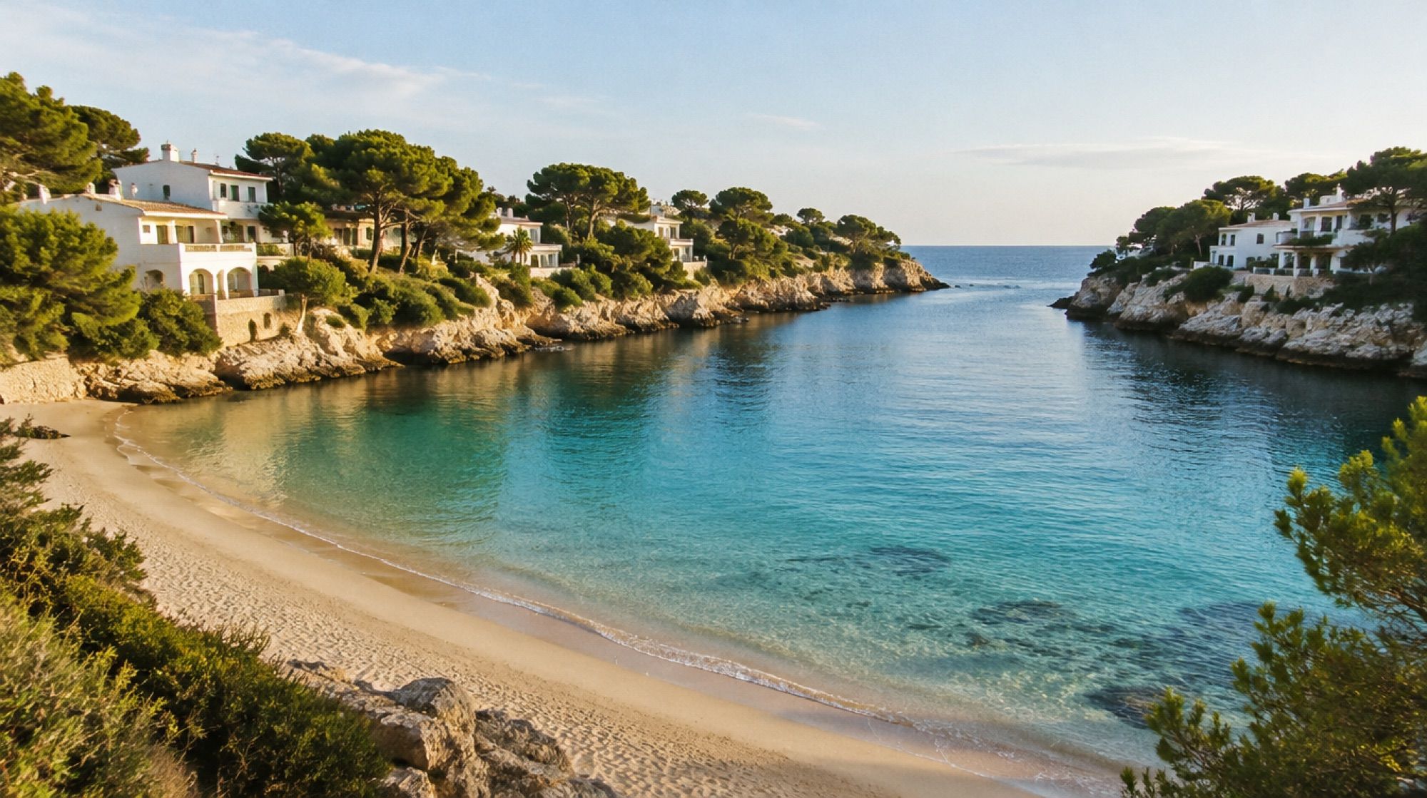 Cala Gran im Zentrum von Cala d'Or mit türkisfarbenem Wasser zwischen weißen Häusern