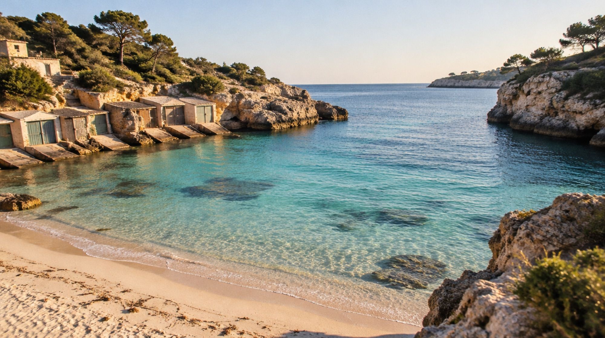 Sandbucht Cala Llombards bei Santanyí mit türkisem Wasser und kleinen Bootshäusern