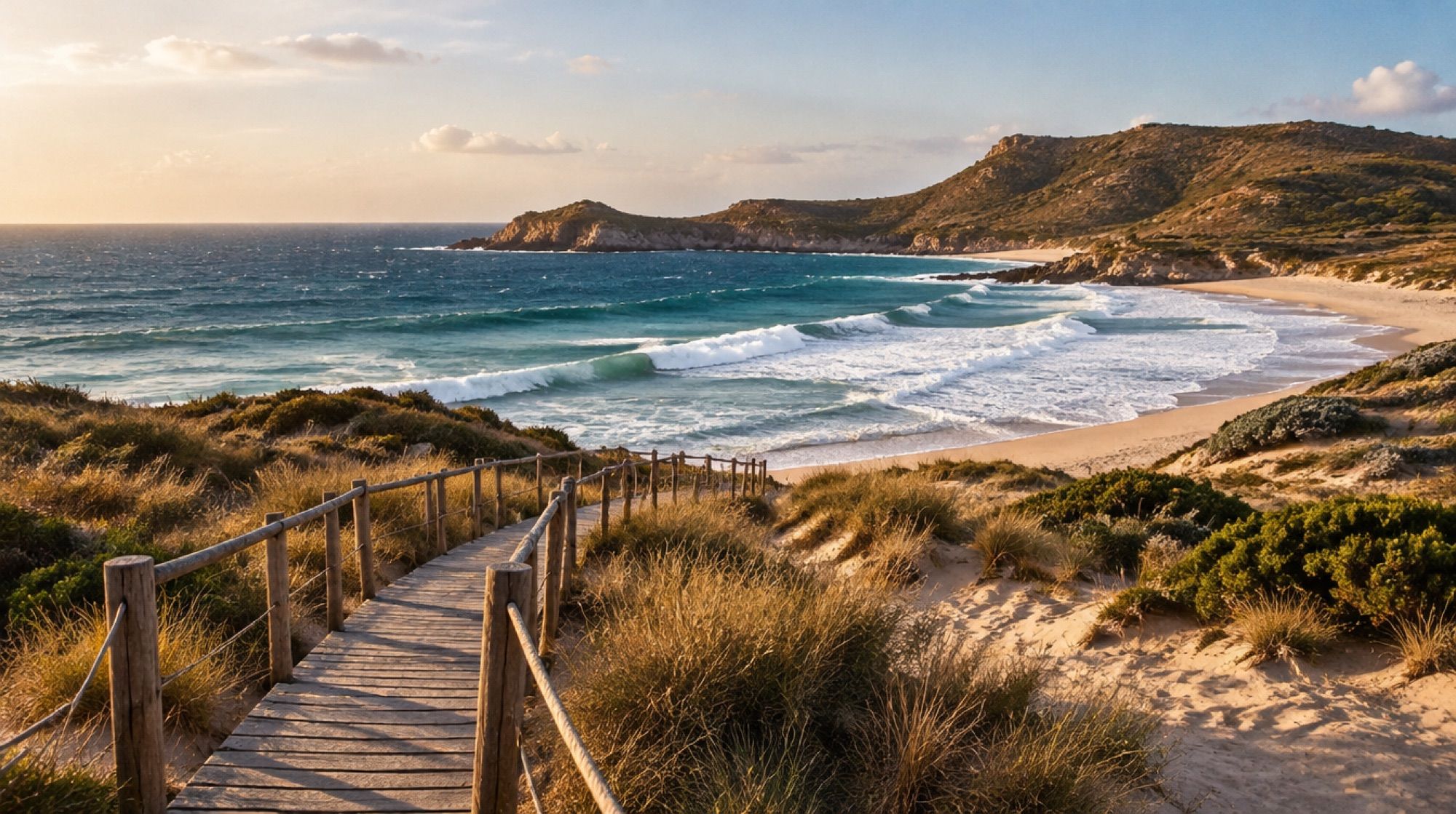 Sandstrand Cala Mesquida mit Dünen und Holzsteg am Nachmittag