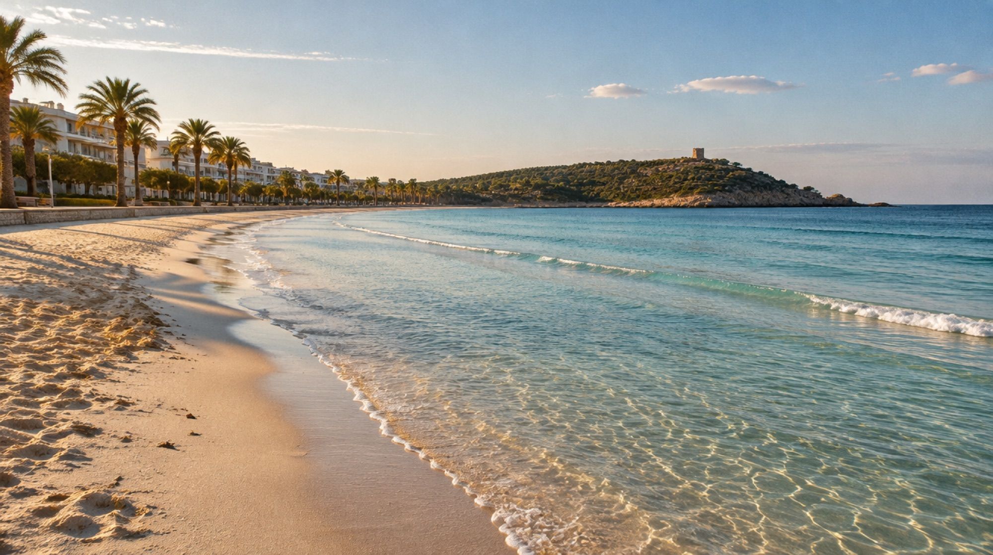 Breiter Sandstrand von Cala Millor am Morgen mit Palmen und flachem Wasser