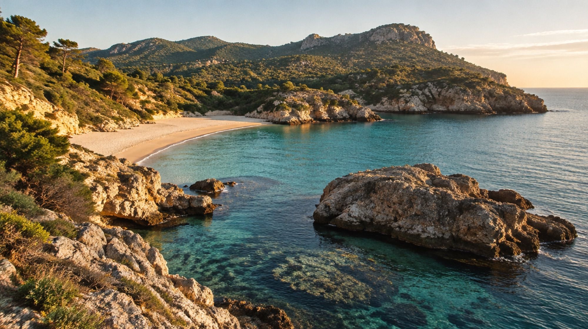 Cala Mitjana bei Artà am frühen Morgen ohne Besucher, Sandstrand und Felsen