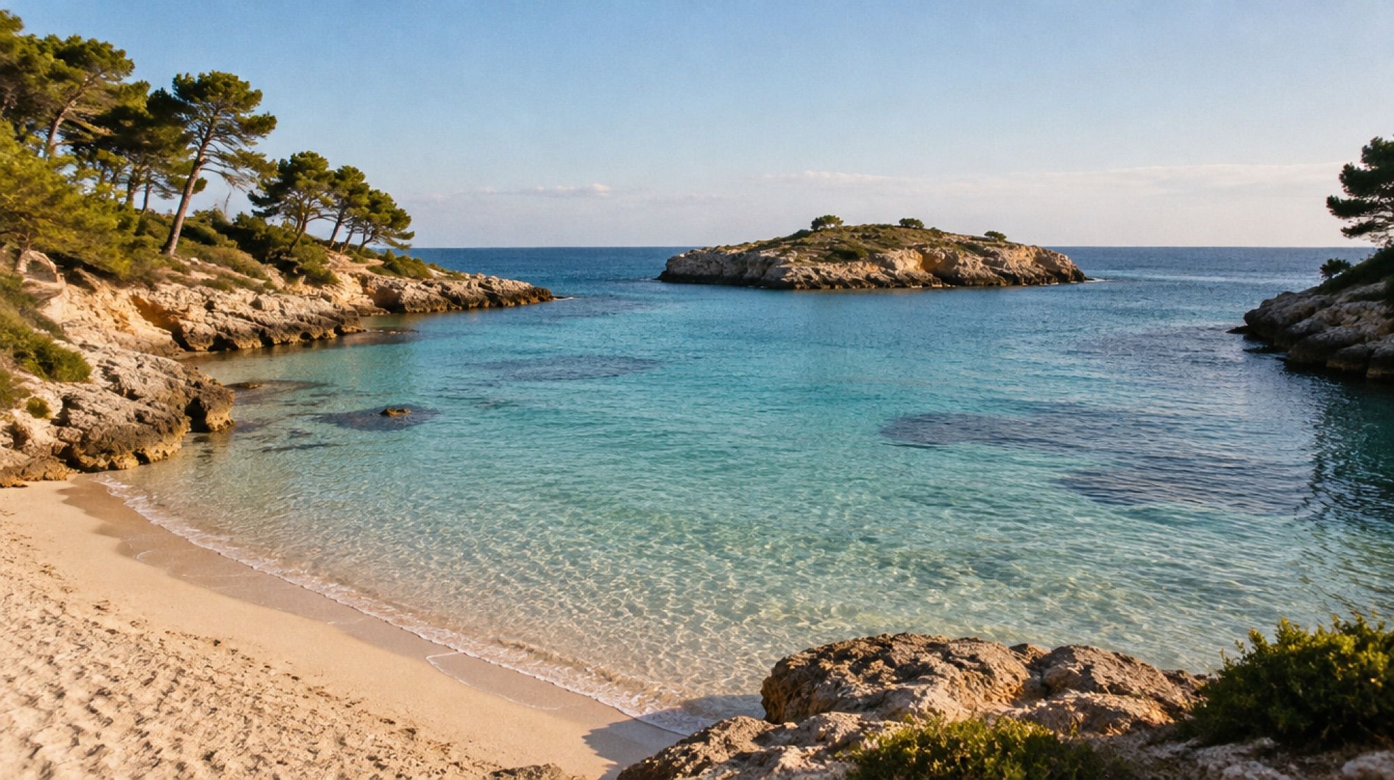 Platja de sa Moreia, Hauptstrand von S'Illot mit klarem Wasser und Pinien