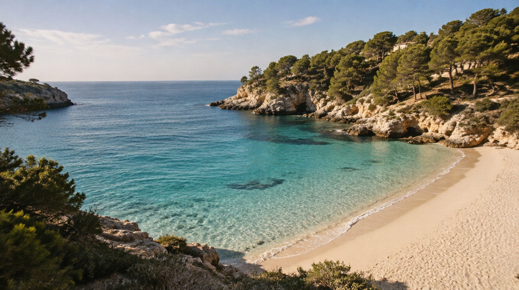 Sandbucht von Cala Murada im Frühling mit Pinien an den Hängen