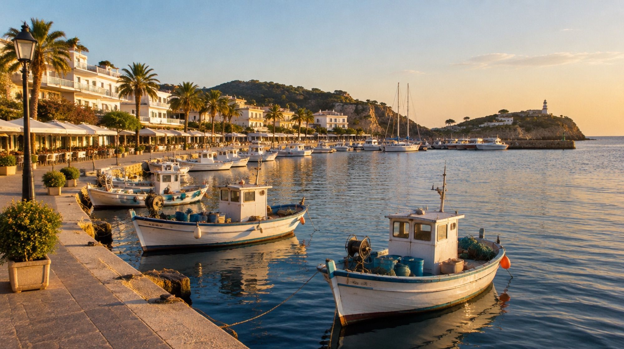 Hafen von Cala Ratjada am späten Nachmittag mit Fischerbooten und Promenade