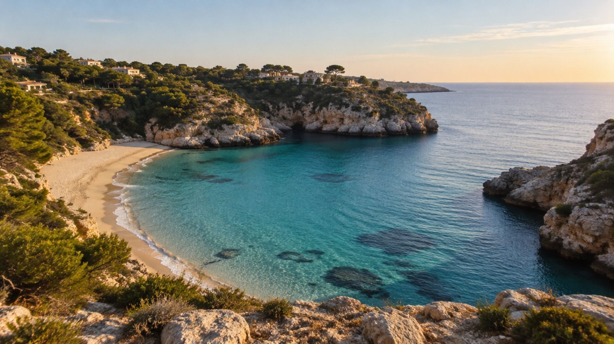 Breite Sandbucht Cala Santanyí im Südosten Mallorcas mit türkisfarbenem Wasser