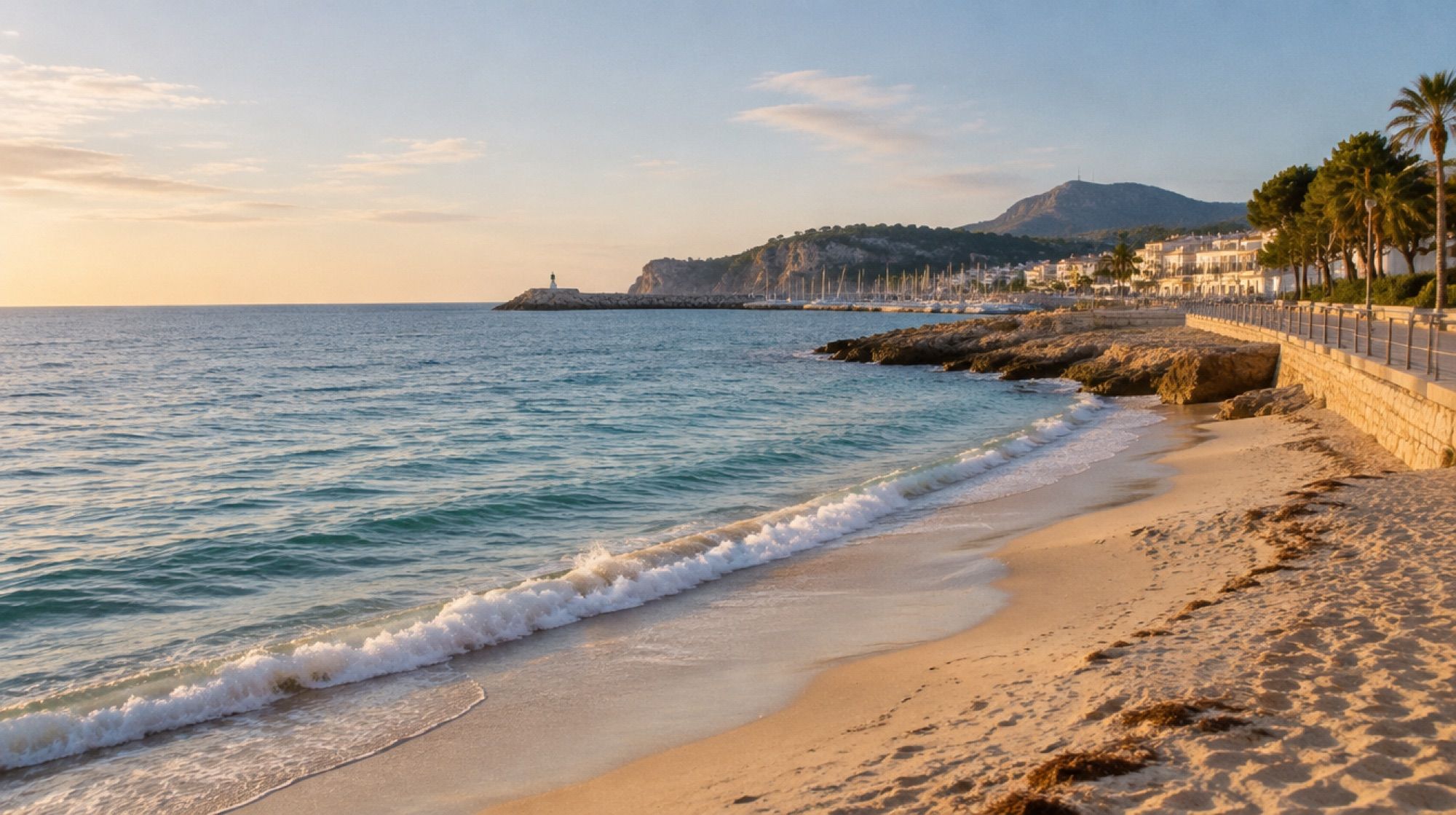 Ortsstrand Cala Son Moll in Cala Ratjada am Morgen mit leichter Brandung