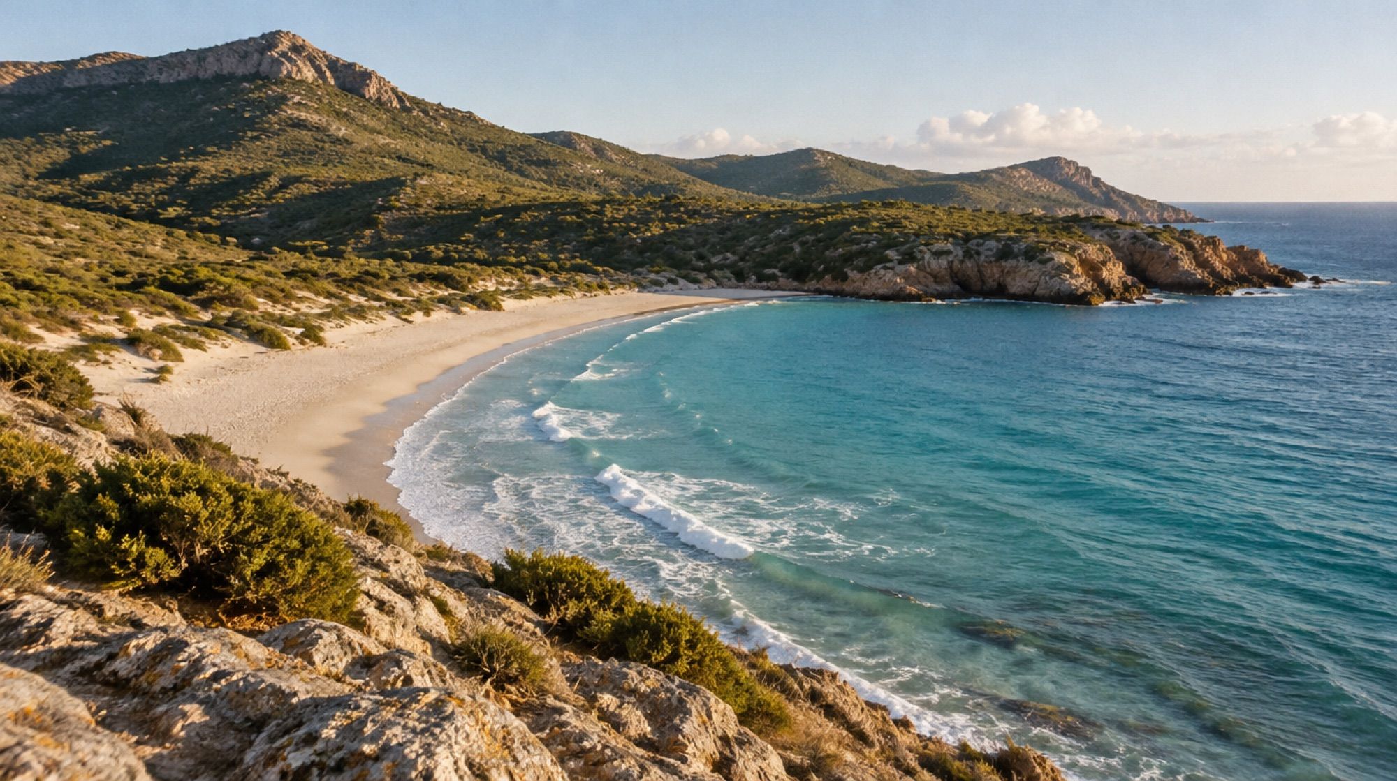 Unbebaute helle Sandbucht Cala Torta im Nordosten Mallorcas mit leichter Brandung