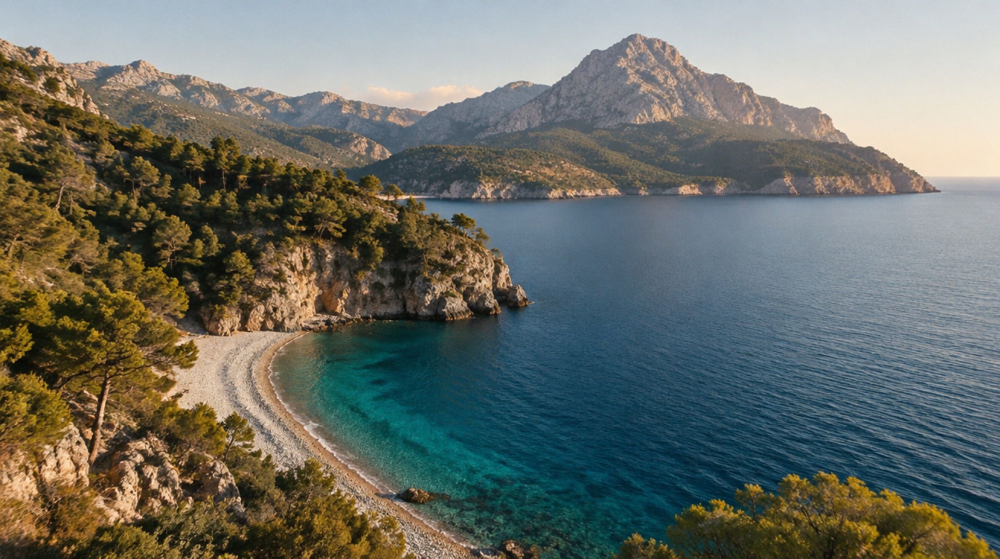 Kiesbucht Cala Tuent unterhalb des Puig Major mit tiefblauem Wasser