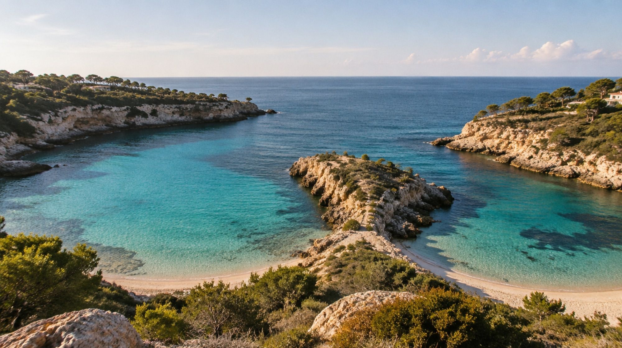 Doppelbucht Cala Domingos in Calas de Mallorca von oben, türkisfarbenes Wasser