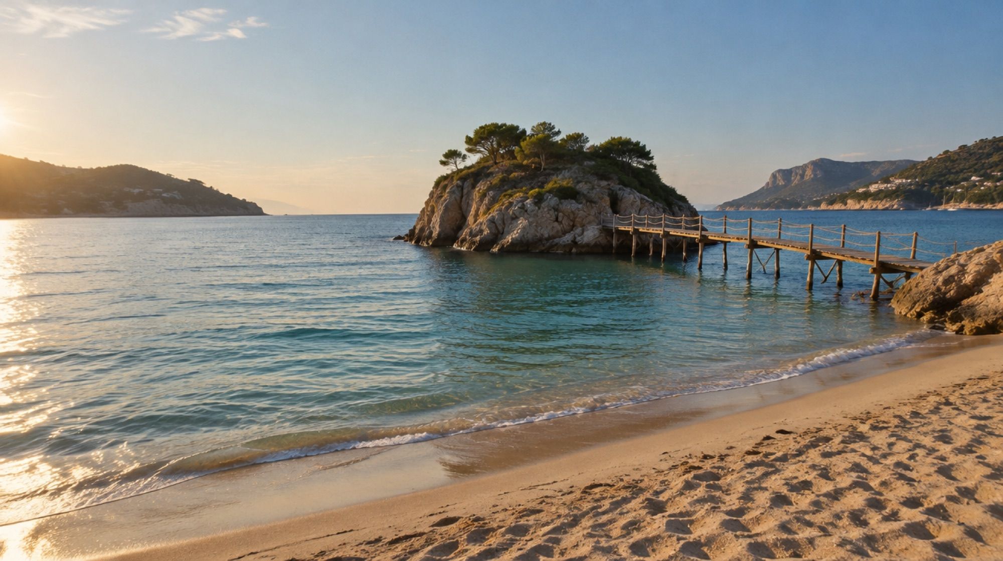 Sandbucht von Camp de Mar am Morgen mit kleiner Felsinsel und Holzsteg