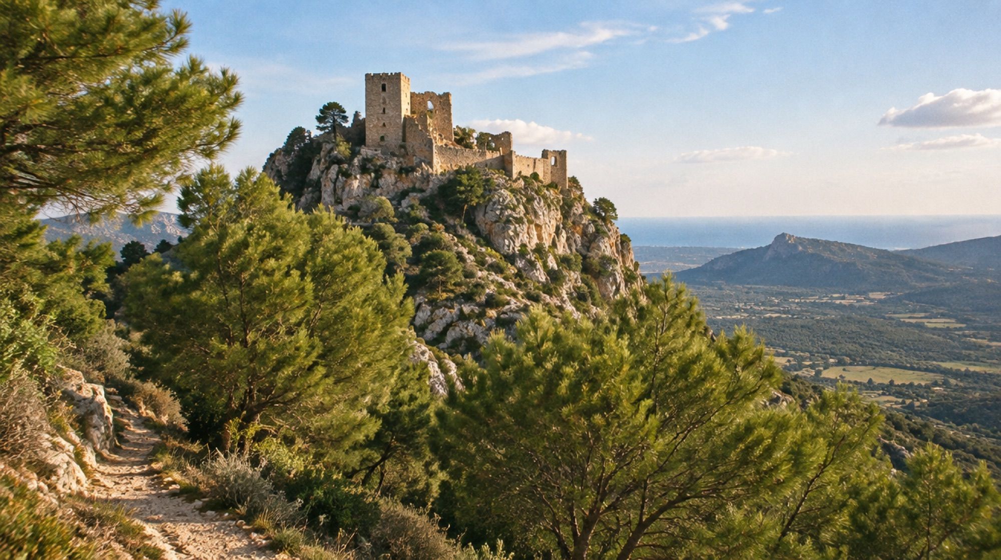 Felsgipfel mit der Burgruine Castell d'Alaró über dem Ort Alaró