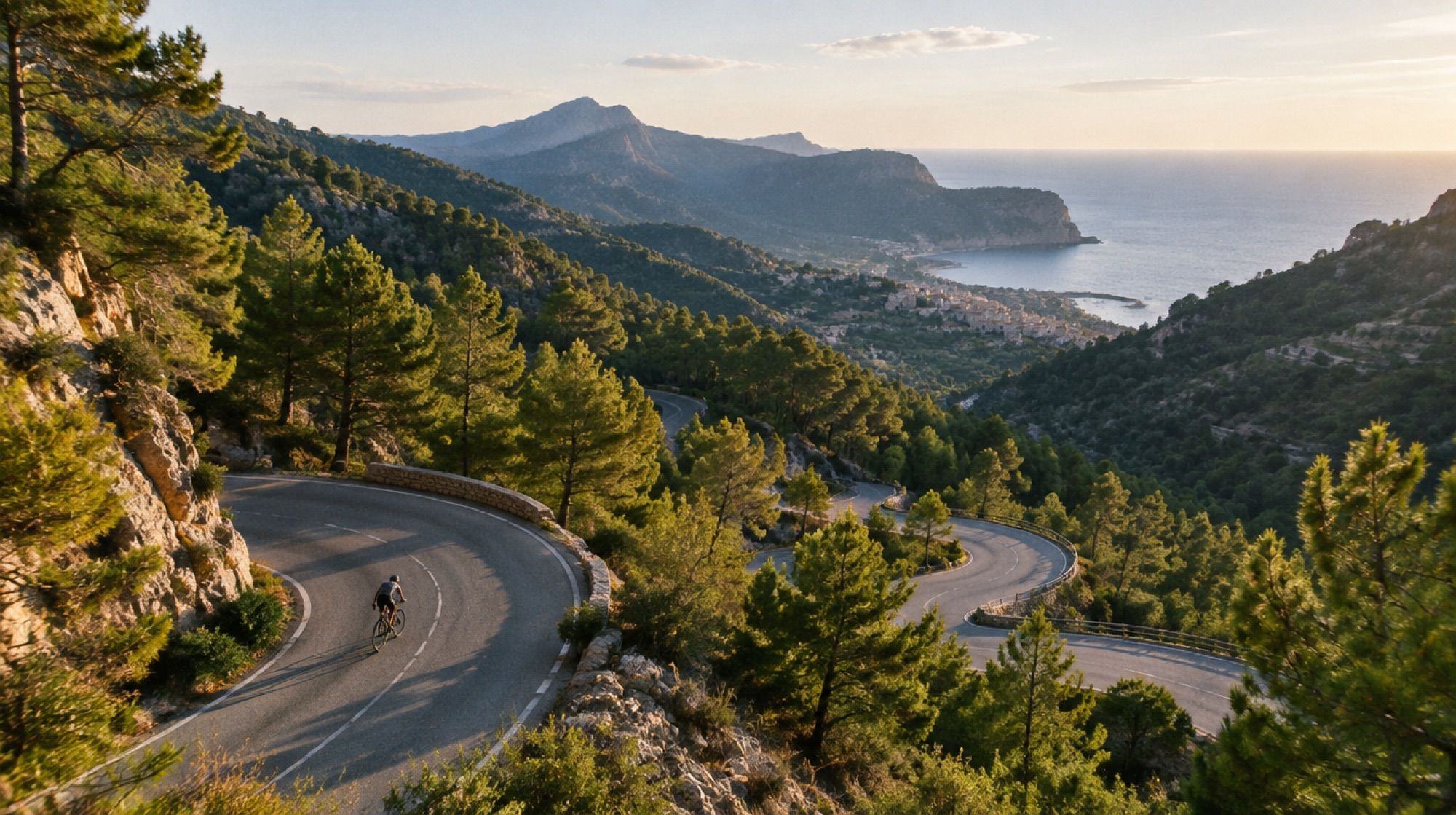 Serpentinenstraße am Coll de Sóller durch den Pinienwald am Morgen