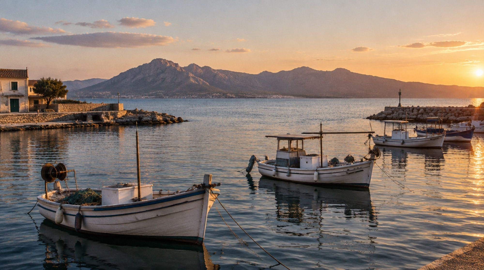 Kleiner Hafen von Colònia de Sant Pere im Abendlicht mit Fischerbooten