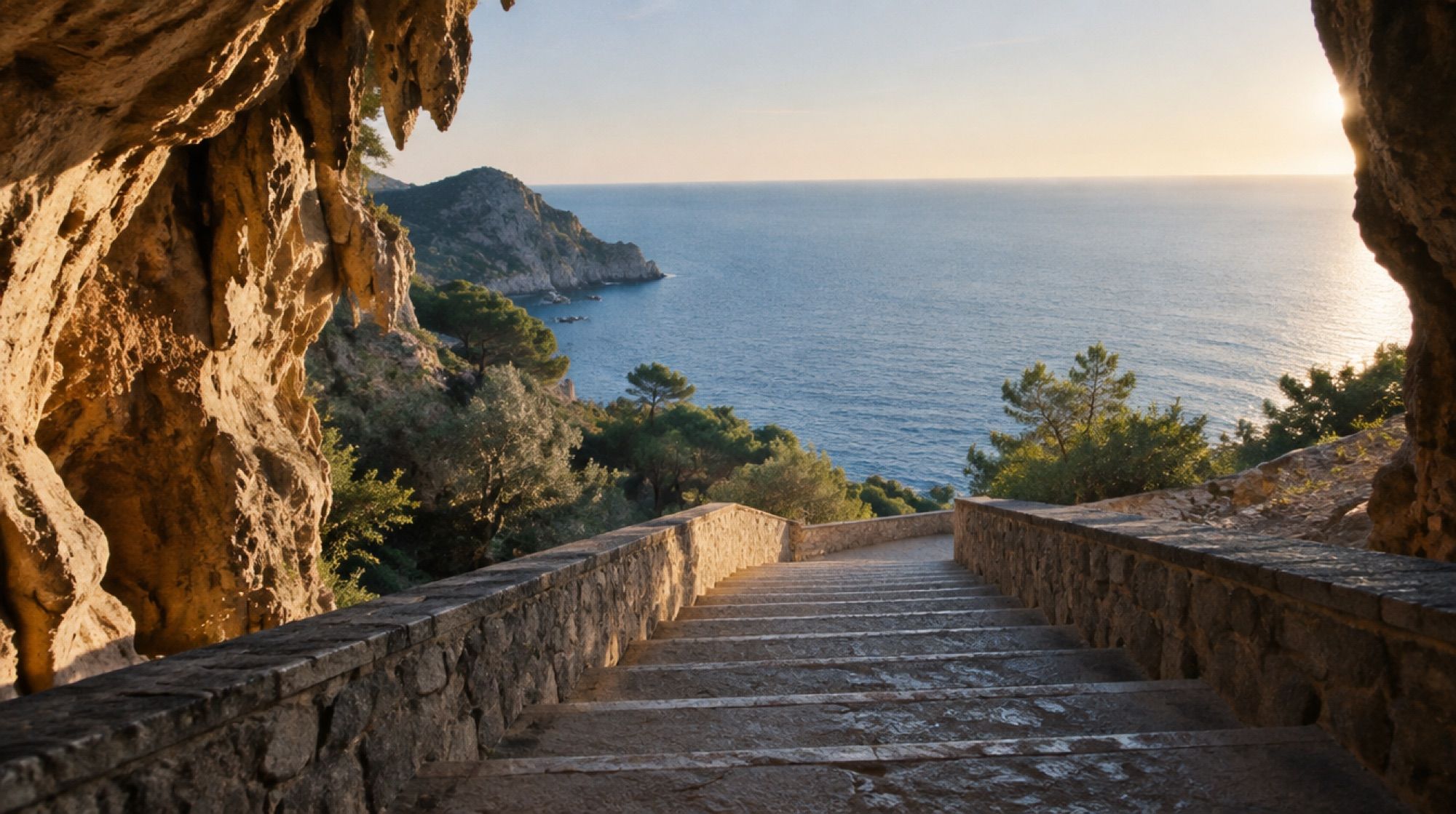Monumentale Steintreppe am Ausgang der Coves d'Artà mit Blick aufs Meer