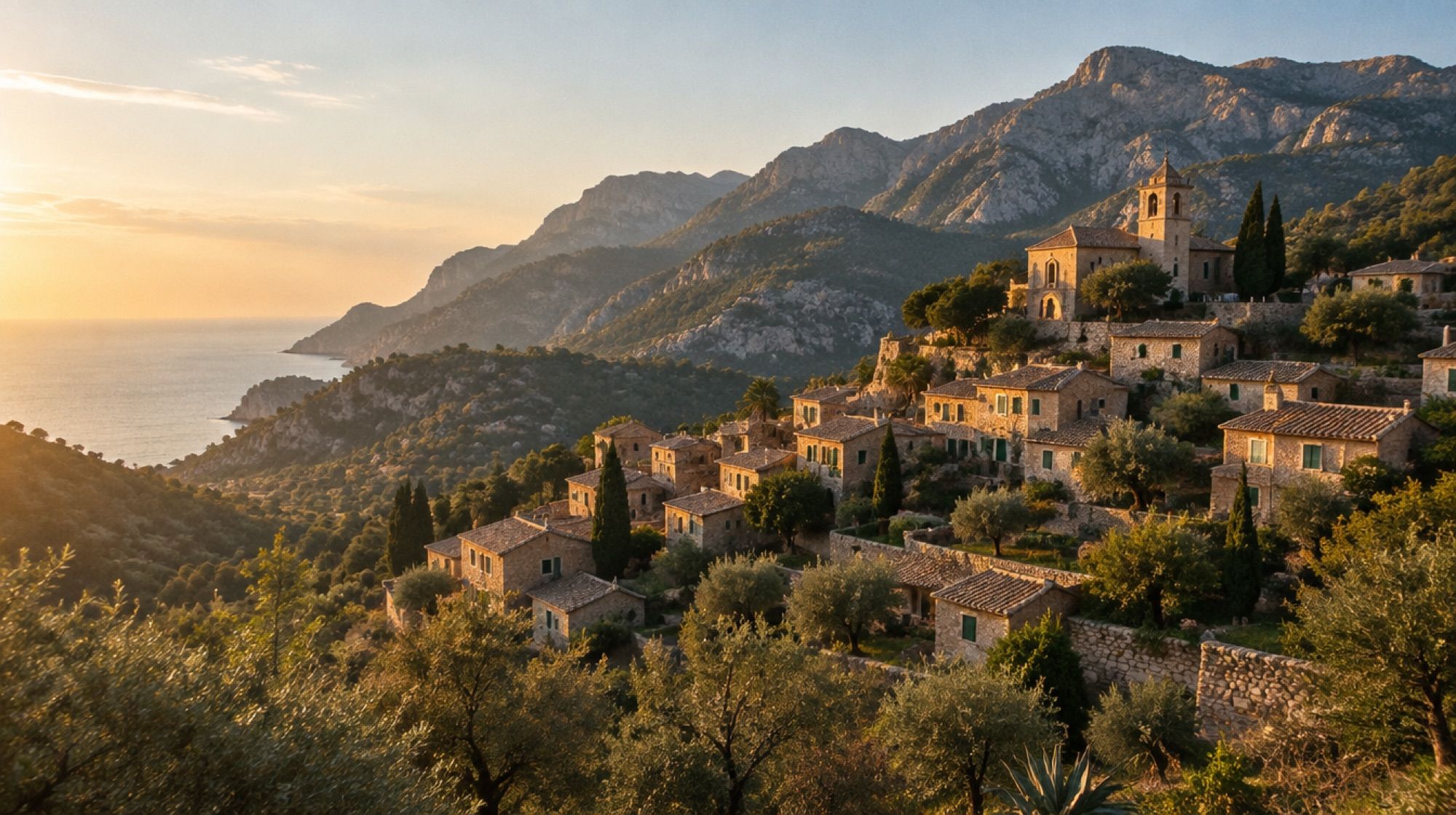 Bergdorf Deià mit Kirche auf dem Hügel vor den Tramuntana-Bergen am Spätnachmittag