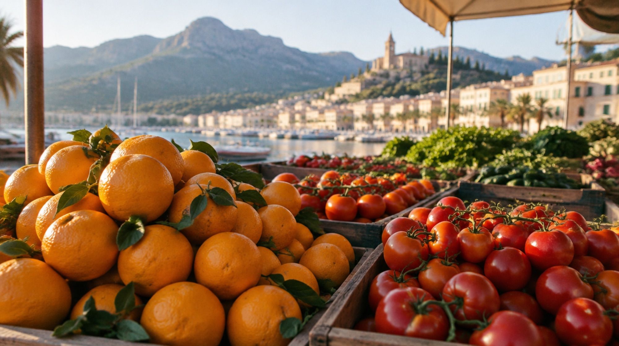 Marktstand mit Orangen und Tomaten auf einem mallorquinischen Wochenmarkt am Vormittag
