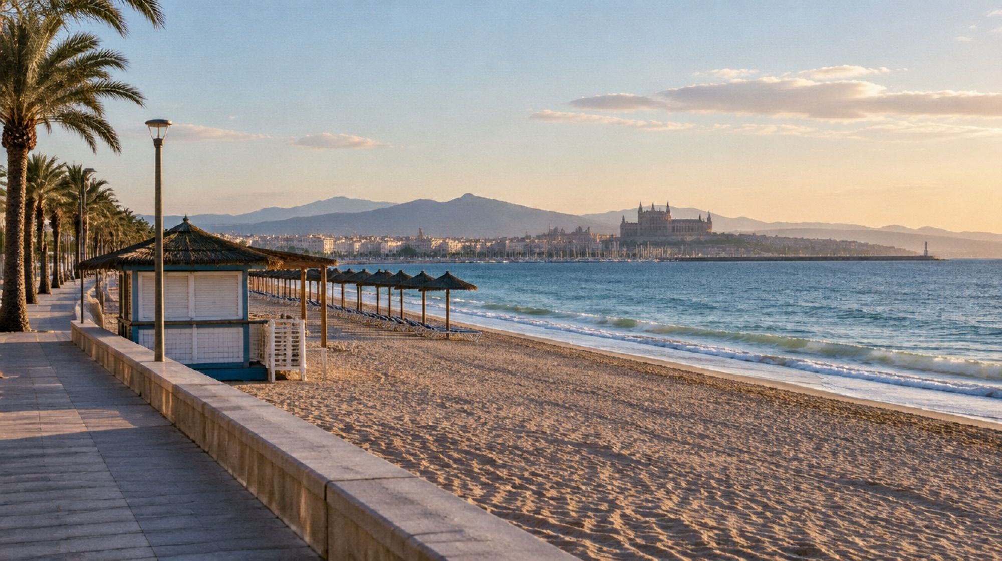 Strand der Playa de Palma bei S'Arenal mit Balneario und Blick Richtung Palma