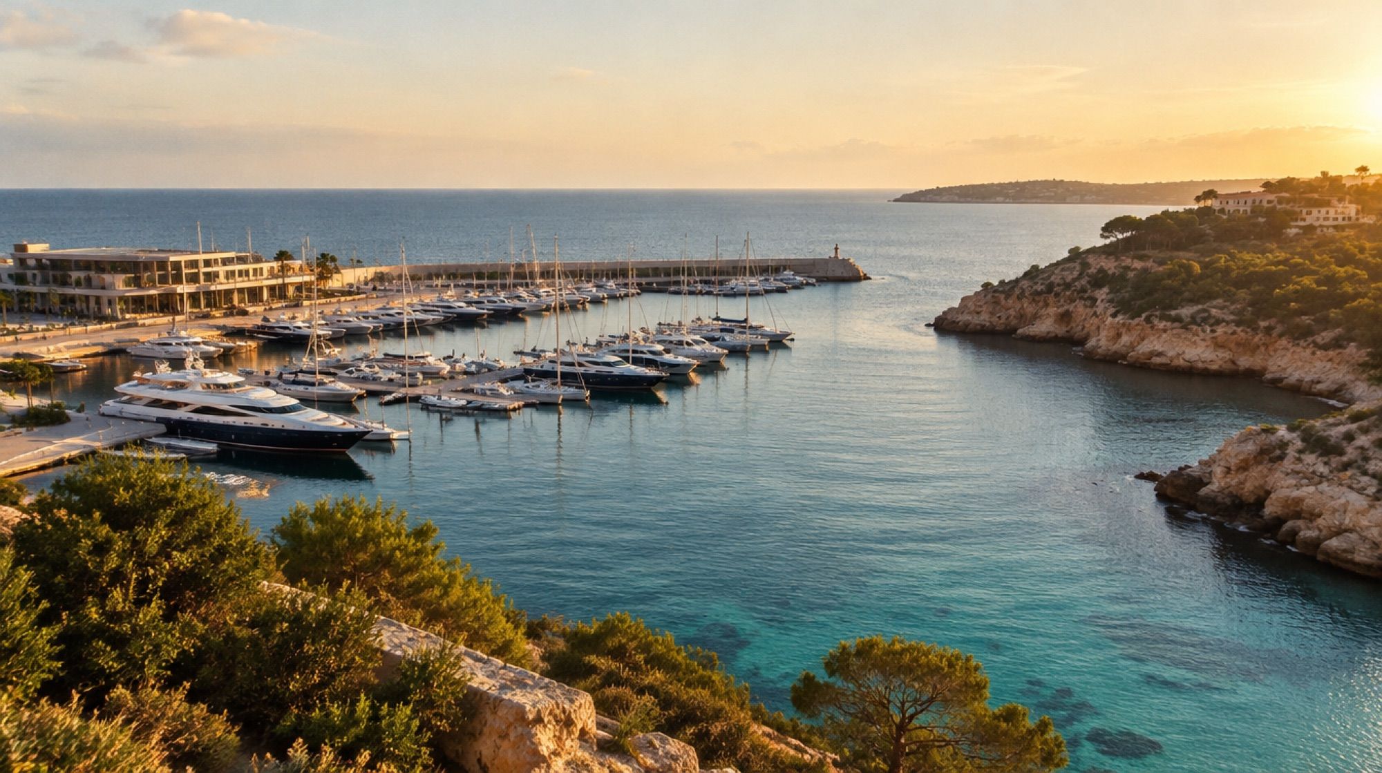 Jachthafen Port Adriano mit Booten am späten Nachmittag über der Cala Toro