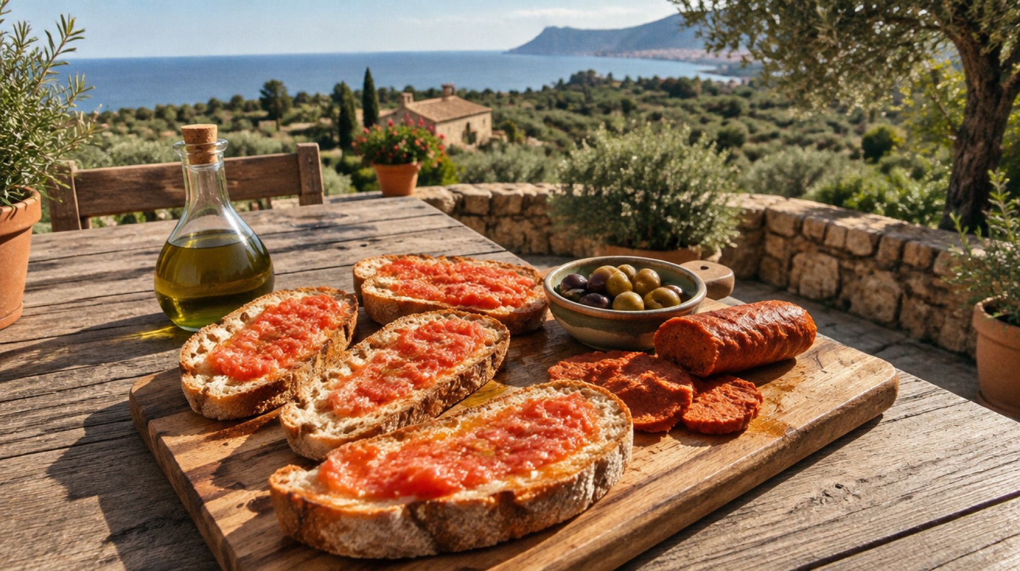 Pa amb oli mit Sobrassada und Oliven auf Mallorca