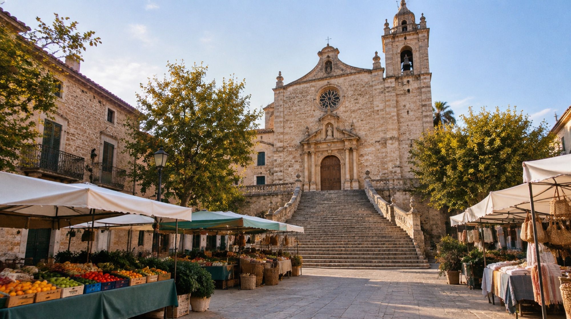 Kirche Sant Miquel in Felanitx mit Freitreppe am Marktmorgen