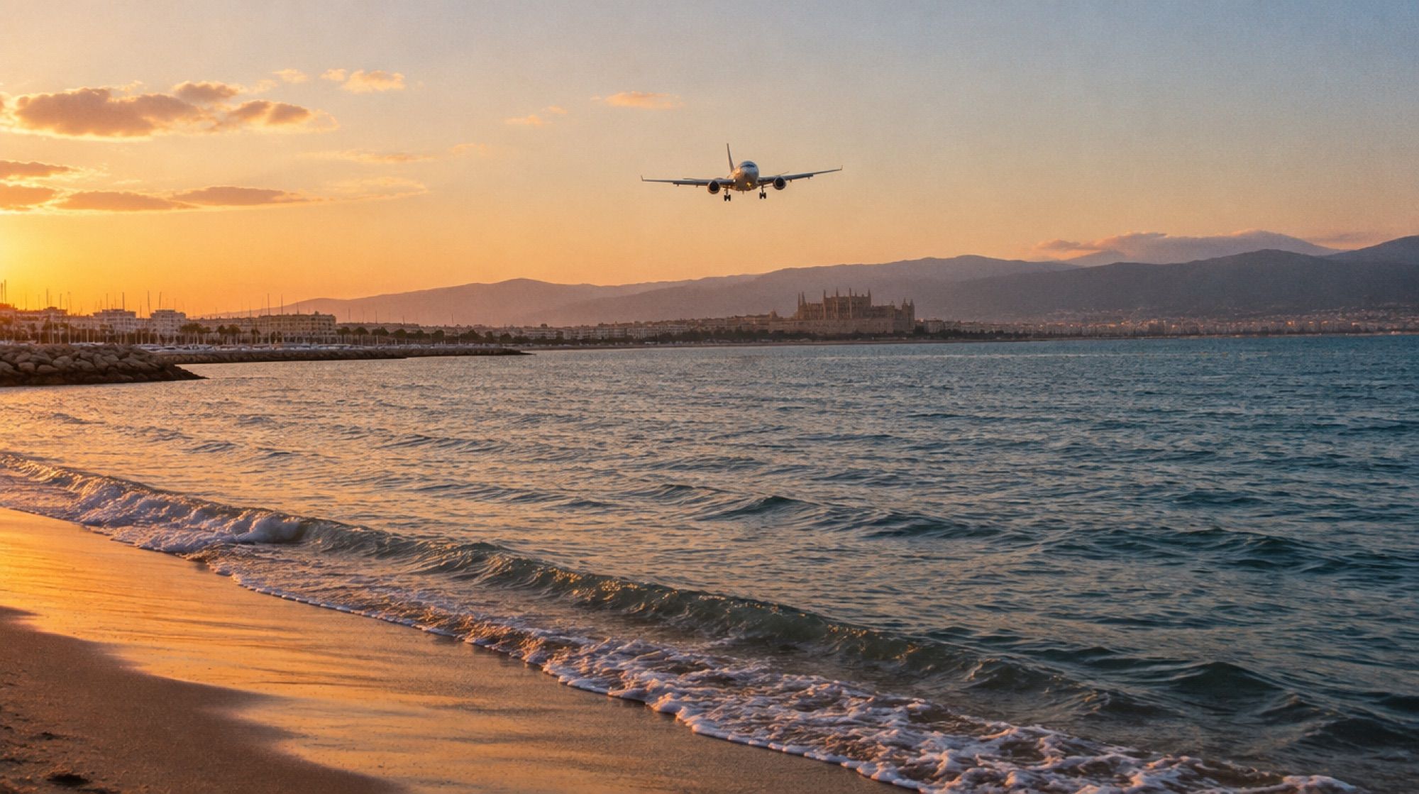 Flugzeug im Landeanflug auf Palma über der Bucht