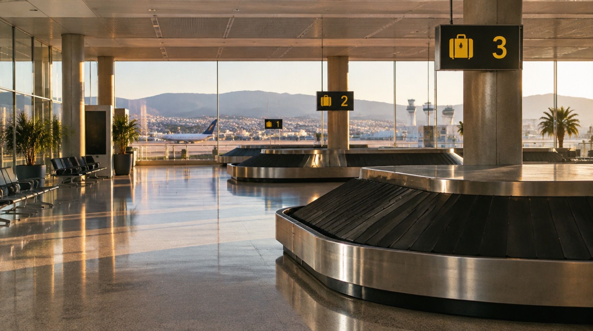 Gepäckausgabe in der Ankunftshalle des Flughafens Palma de Mallorca bei Tageslicht