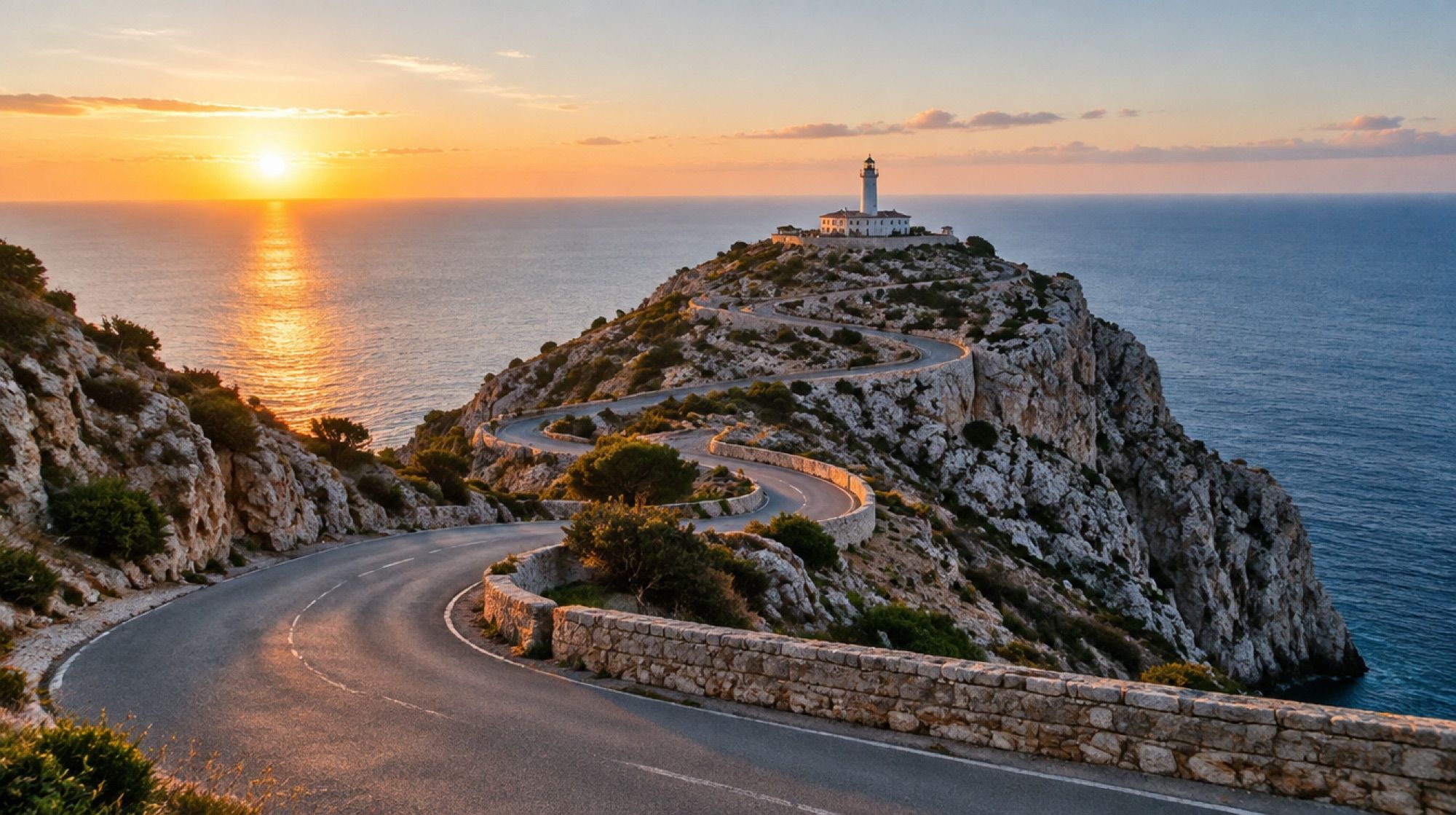 Leuchtturm am Cap de Formentor bei Sonnenaufgang, Serpentinen der Straße im Vordergrund