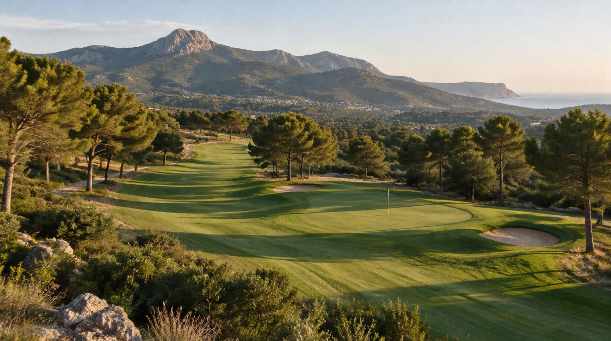 Fairway eines Golfplatzes auf Mallorca mit Pinien und Bergen