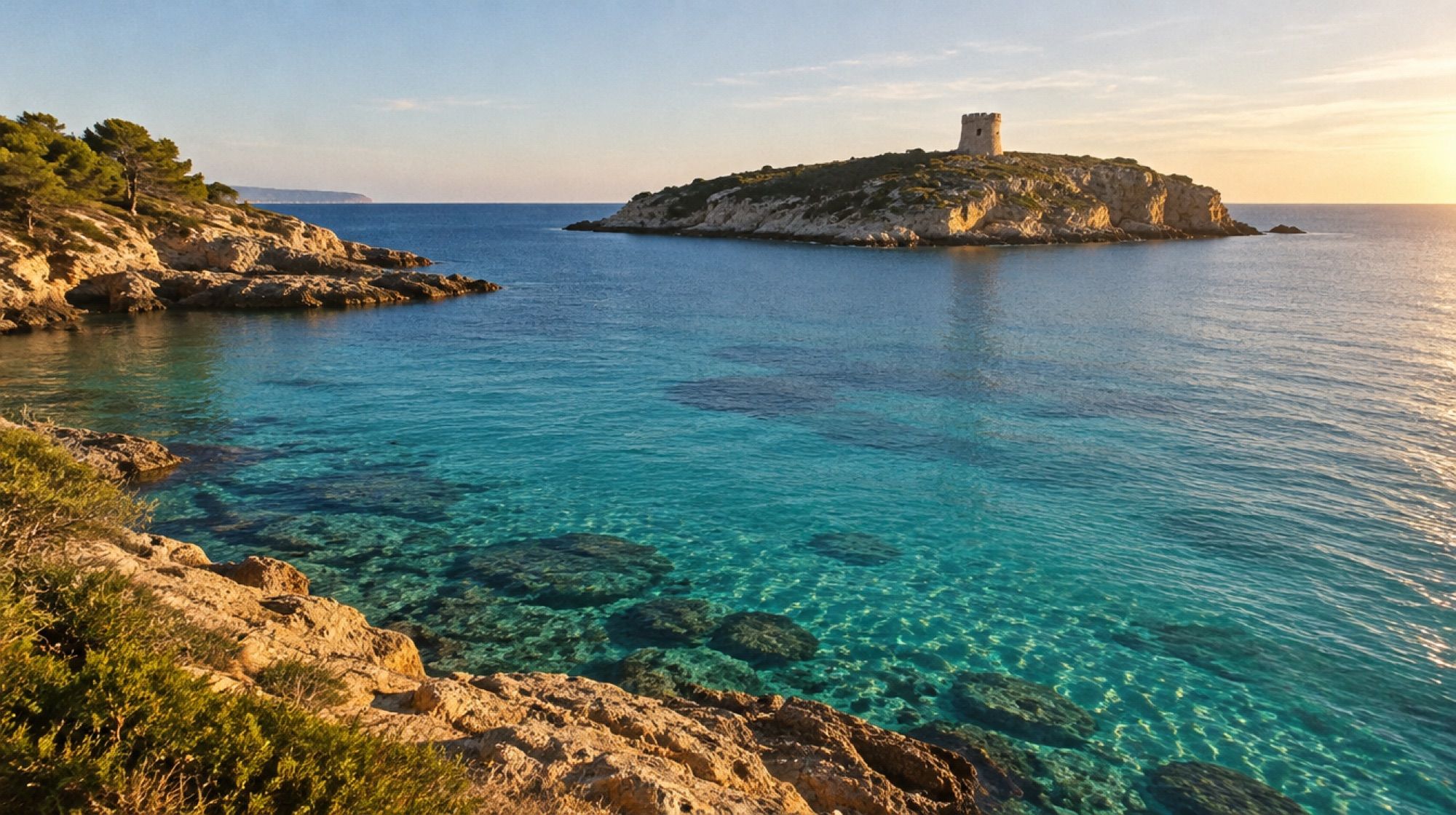 Cala Comtesa in Illetes mit Blick auf die Insel und den Wachturm