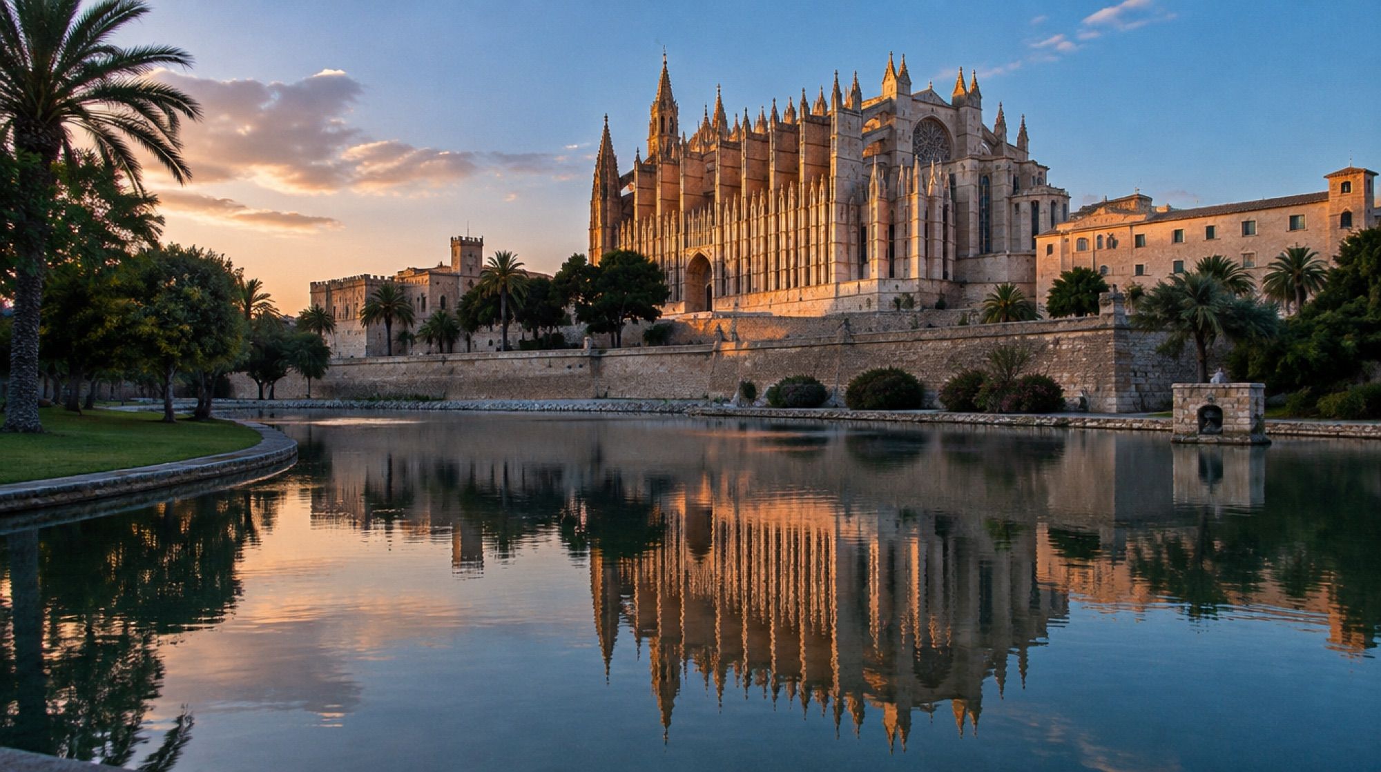 Kathedrale La Seu in Palma spiegelt sich abends im See des Parc