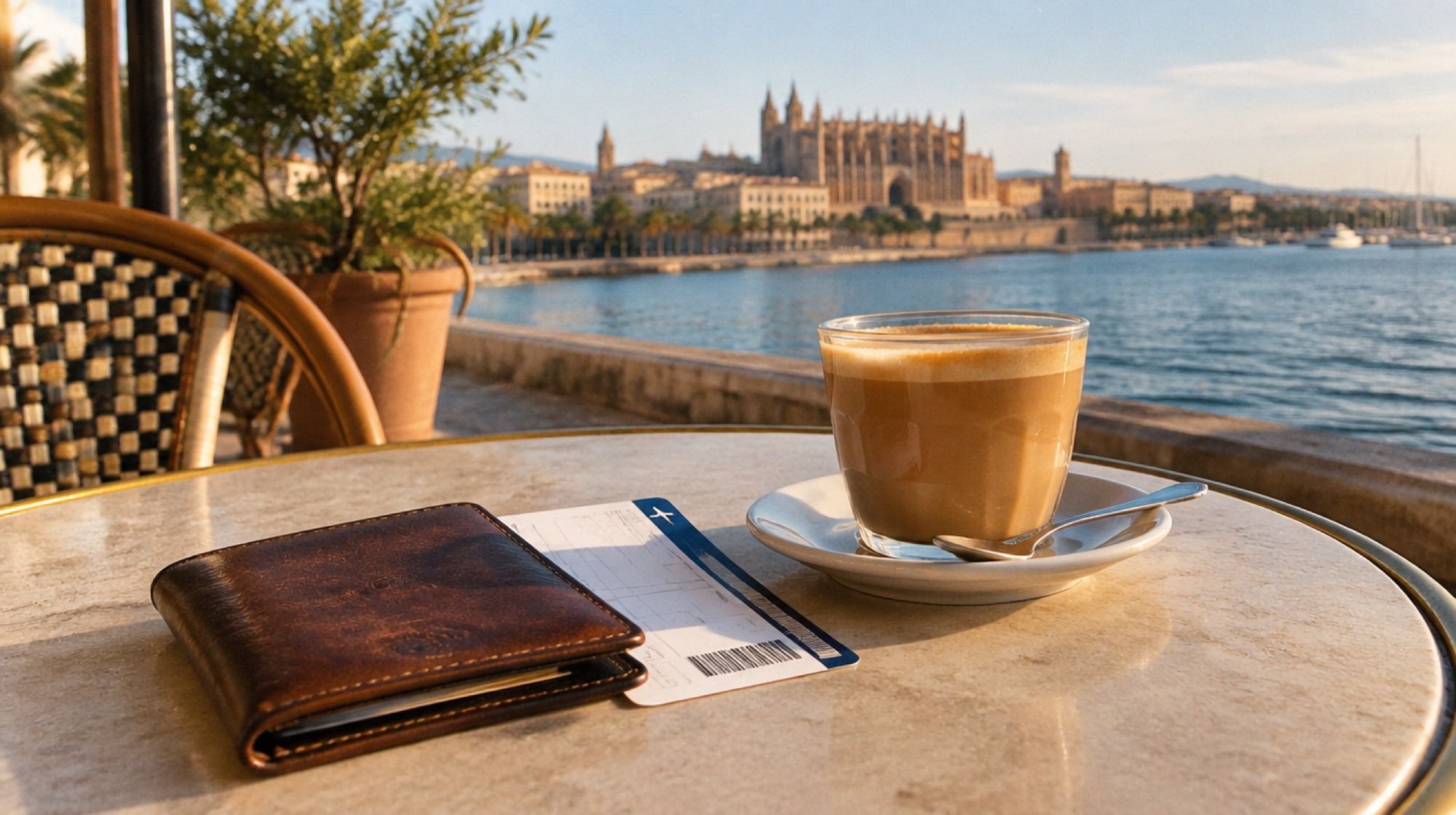 Geldbörse, Bordkarte und Café con leche auf einem Bistrotisch in Palma