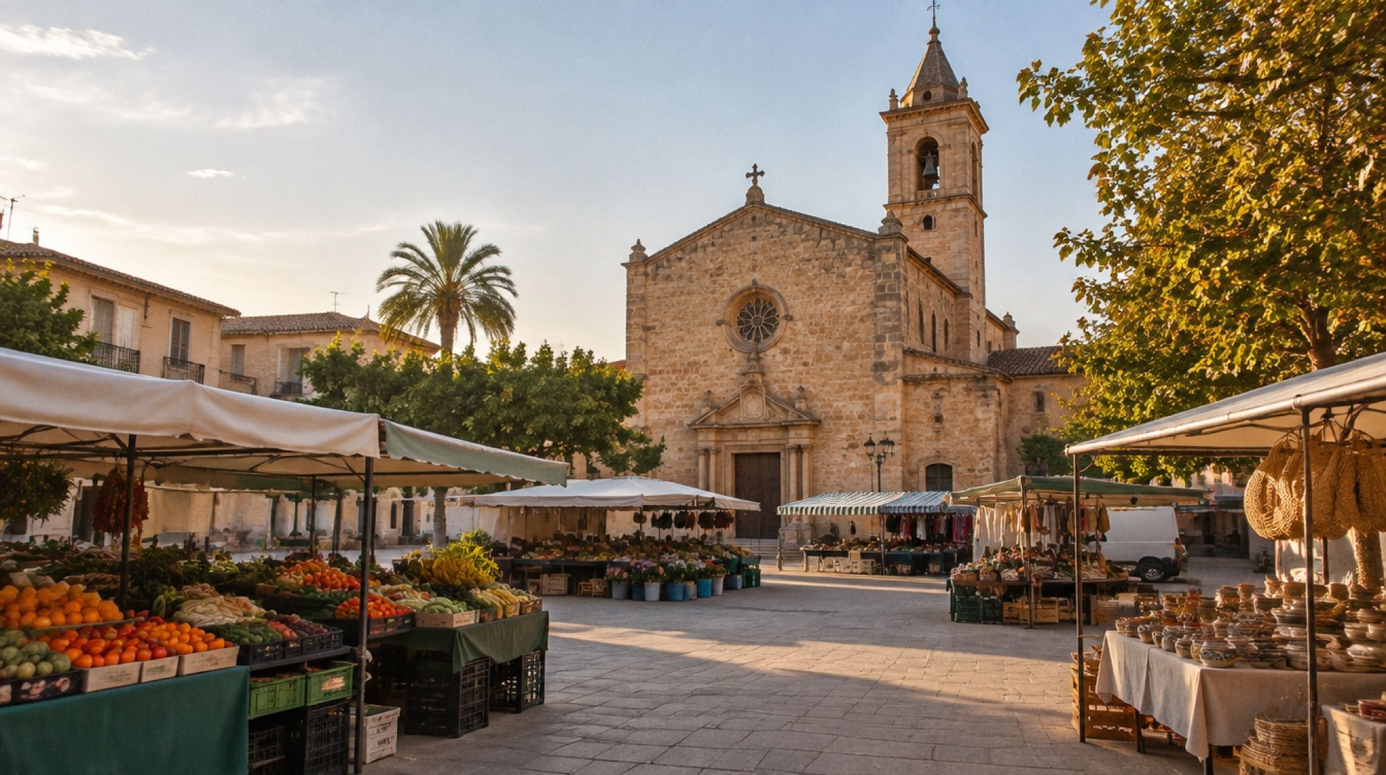 Markt auf dem Hauptplatz von Llucmajor vor der Kirche Sant Miquel am Vormittag