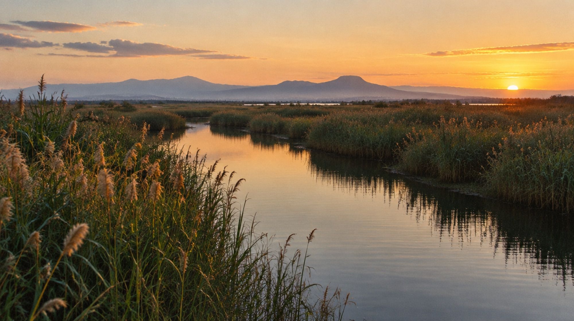 Feuchtgebiet s'Albufera mit Schilf und Kanal in der Abenddämmerung