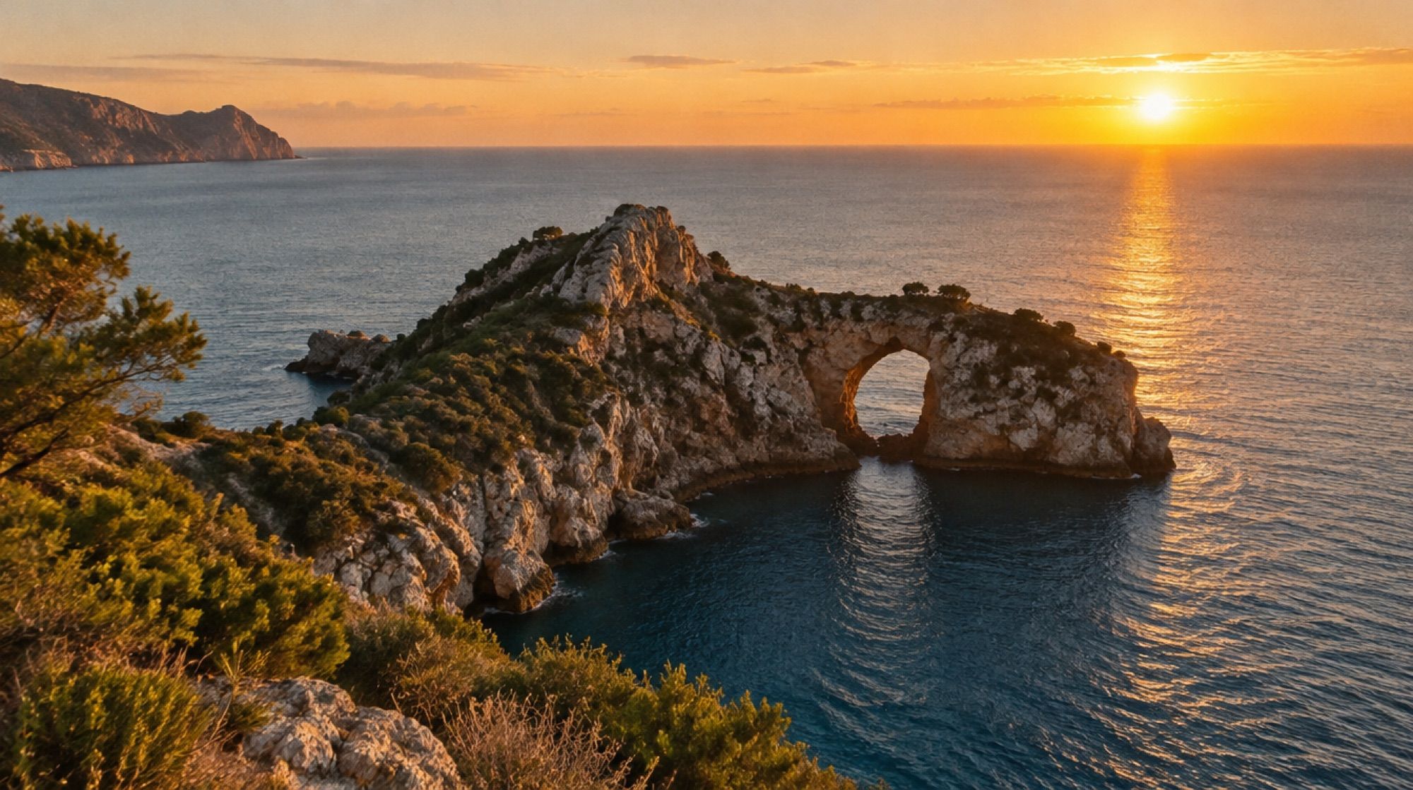 Felshalbinsel Na Foradada bei Deià mit großem Loch im goldenen Sonnenuntergang