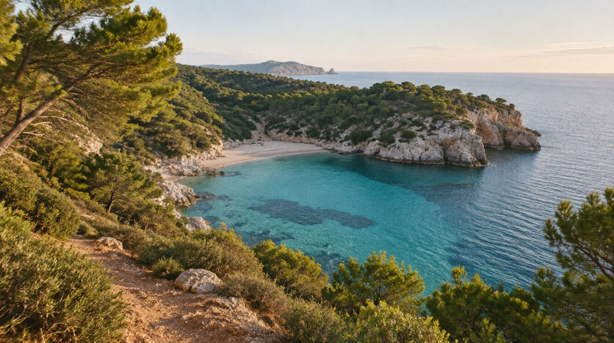 Naturbelassene Cala Mitjana im Nordosten Mallorcas mit Kiefern am Vormittag